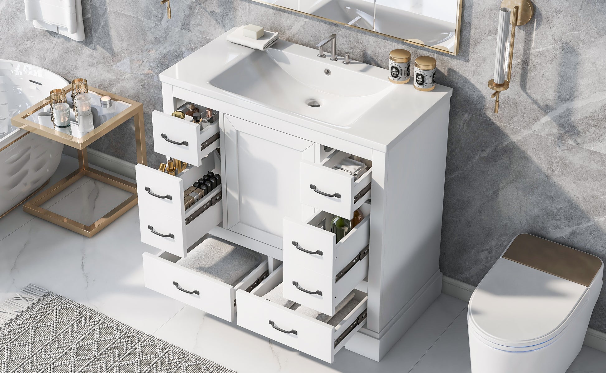 36" Bathroom Vanity With Sink Combo, Six Drawers, Multi Functional Drawer Divider, Adjustable Shelf, White Old Sku:Sy999808Aak White Solid Wood Mdf