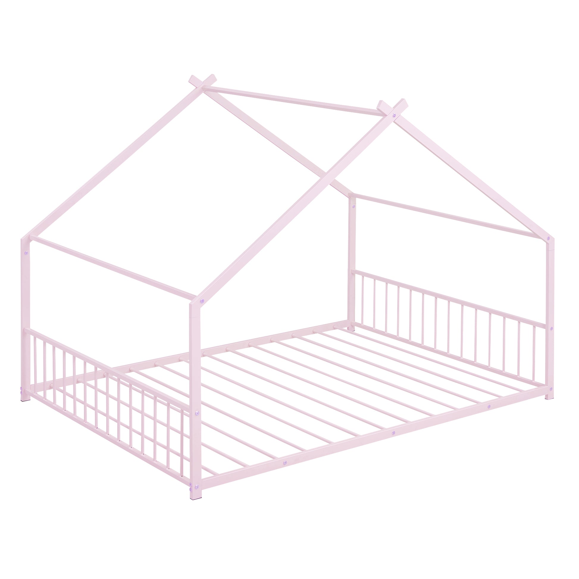 Full Size Metal House Bed, Pink Pink Metal