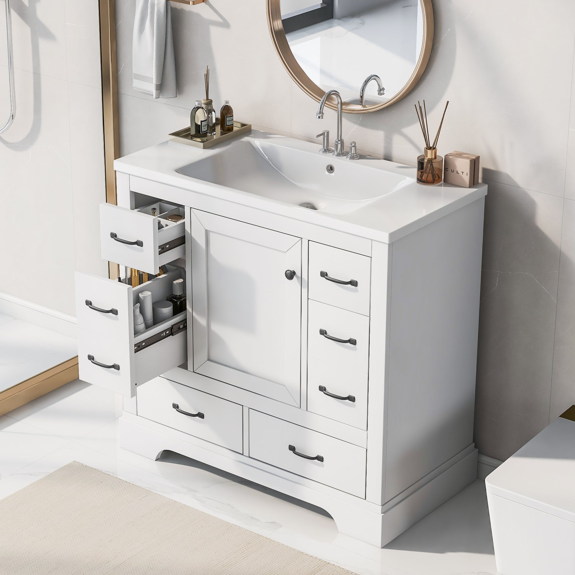 36" Bathroom Vanity With Sink Combo, Six Drawers, Multi Functional Drawer Divider, Adjustable Shelf, White White Solid Wood Mdf