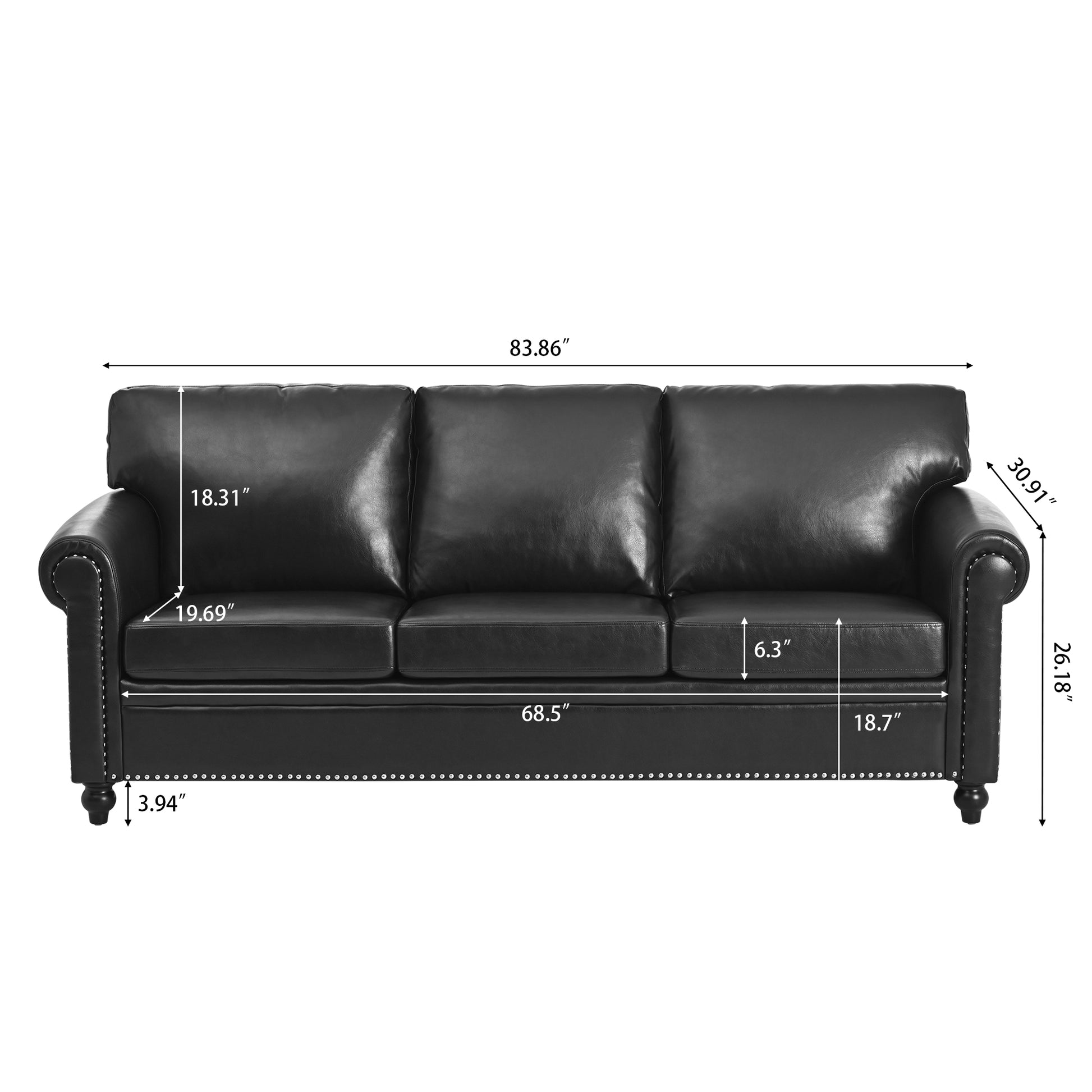 3 Seater Sofa. Black Pu Foam Fabric