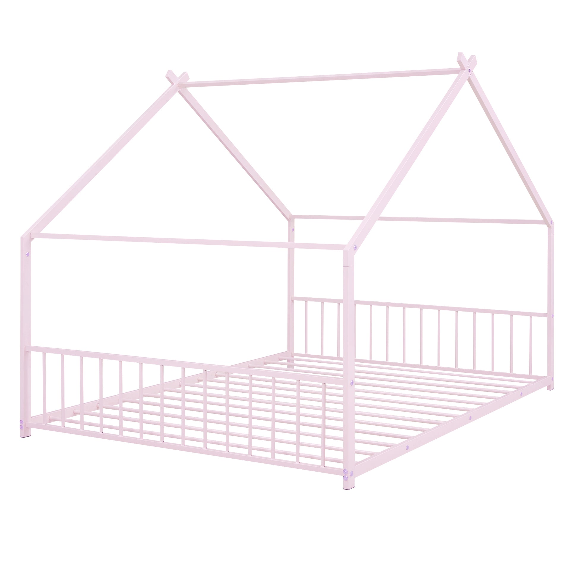 Full Size Metal House Bed, Pink Pink Metal