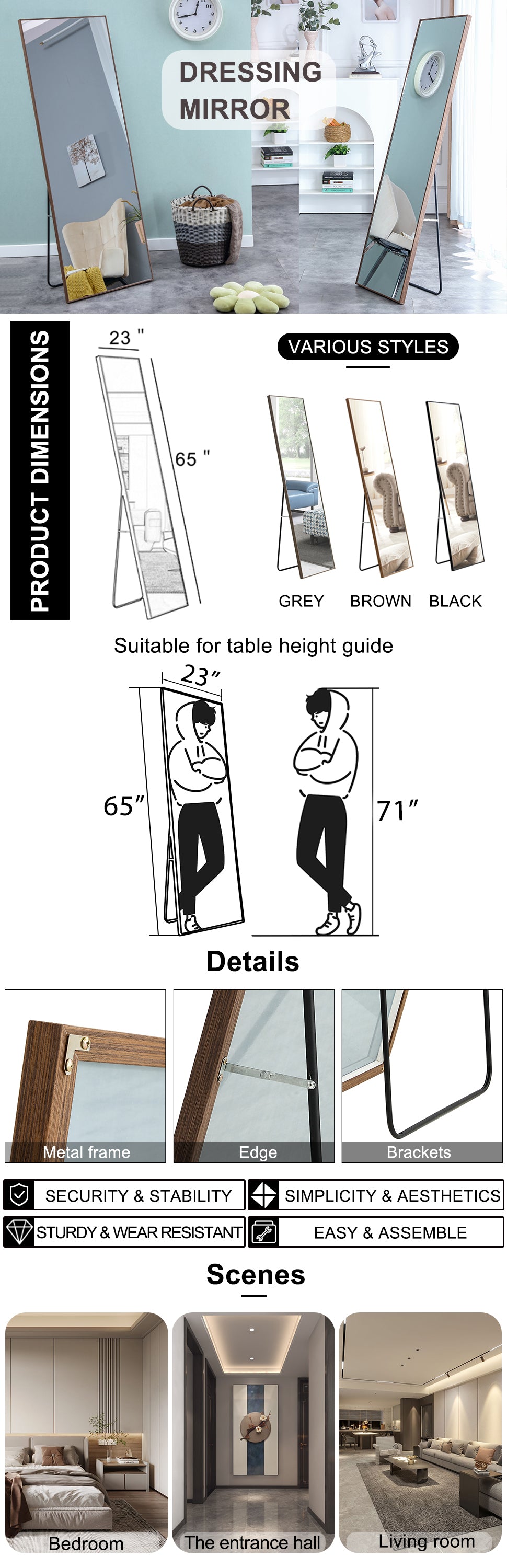Clean And Beautiful Solid Wood Frame Full Length Mirror, Dressing Mirror, Bedroom Porch, Decorative Mirror, Clothing Store, Floor Standing Large Mirror, Wall Mounted. 65 "* 23" Transparent Glass