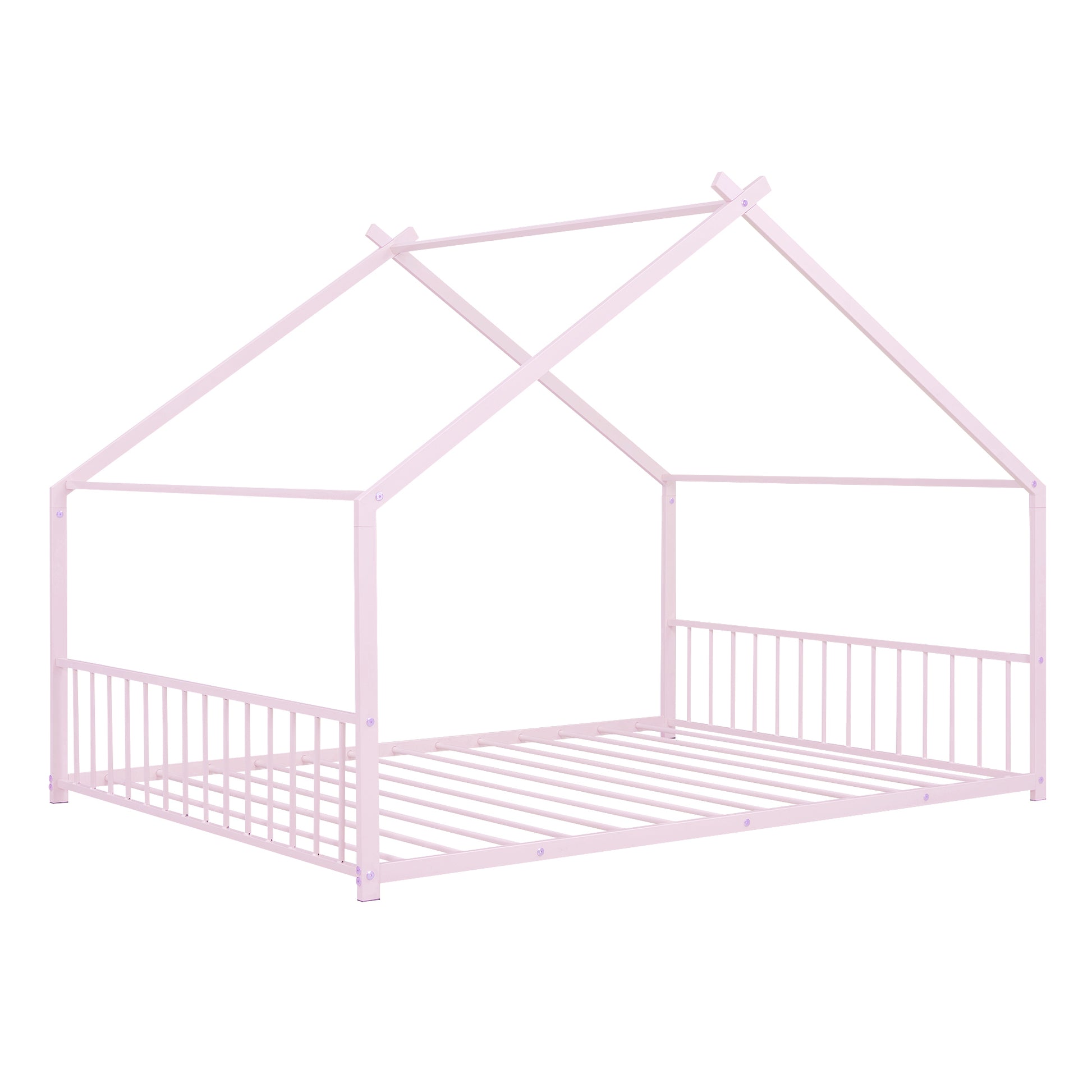 Full Size Metal House Bed, Pink Pink Metal