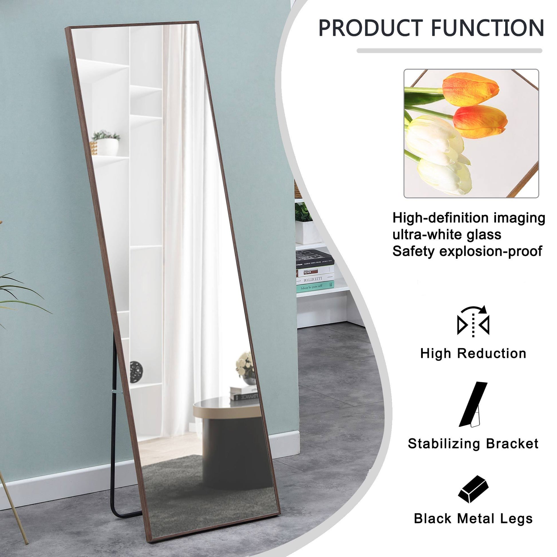 Clean And Beautiful Solid Wood Frame Full Length Mirror, Dressing Mirror, Bedroom Porch, Decorative Mirror, Clothing Store, Floor Standing Large Mirror, Wall Mounted. 65 "* 23" Transparent Glass