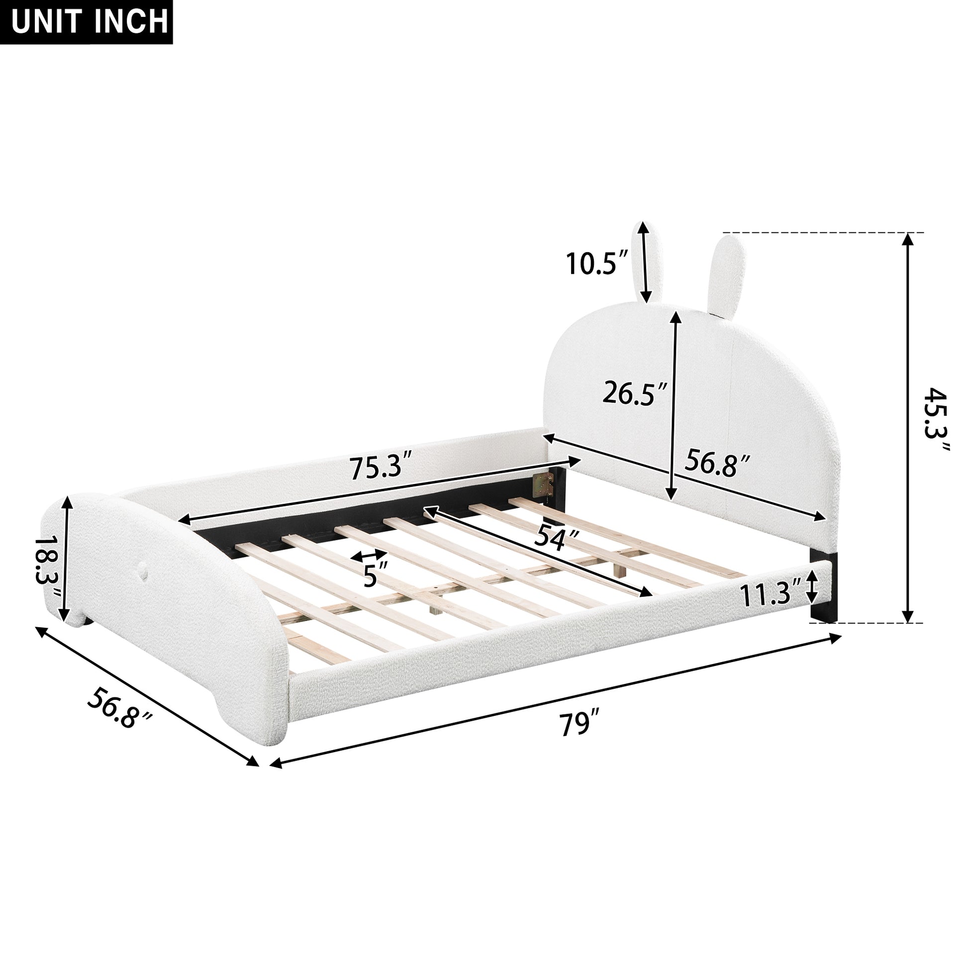 Full Size Upholstered Platform Bed With Cartoon Ears Shaped Headboard, White Box Spring Not Required Full White Wood Bedroom Bed Frame Polyester Upholstered