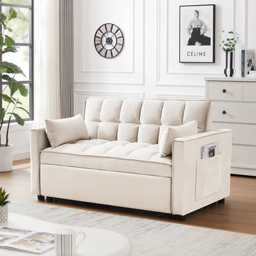 Modern Velvet Loveseat Futon Sofa Couch W Pullout Bed,Small Beautiful Seat Lounge Sofa W Reclining Backrest,Toss Pillows, Pockets,Furniture For Living Room,3 In 1 Convertible Sleeper Sofa Bed, Creamy White Creamy White Light Brown Velvet Wood Primary