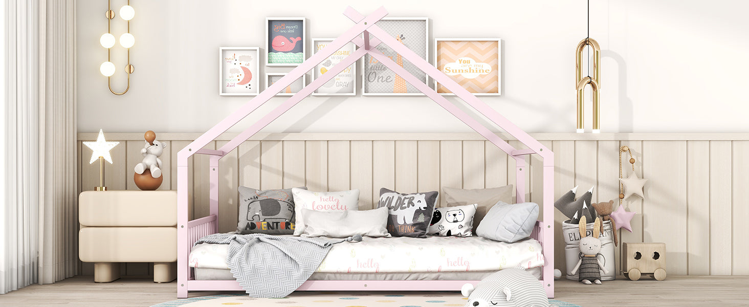 Full Size Metal House Bed, Pink Pink Metal