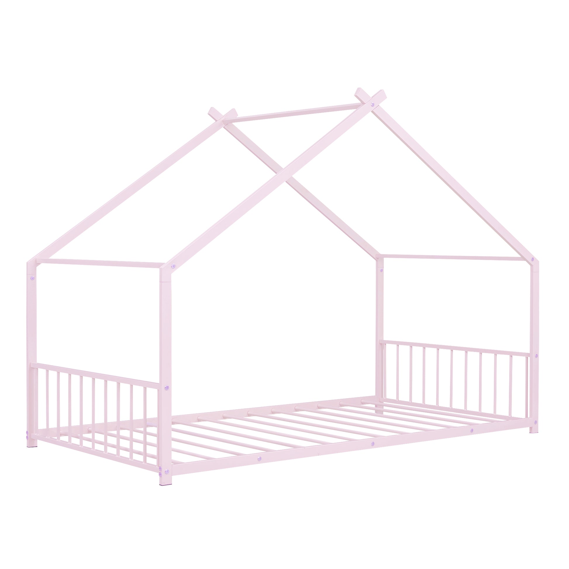 Twin Size Metal House Bed, Pink Pink Metal
