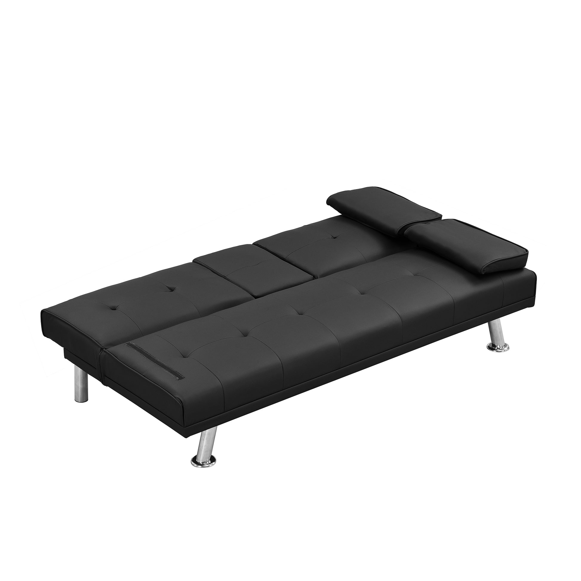 Sofa Bed With Armrest Two Holders Wood Frame, Stainless Leg, Futon Black Pvc Black Wood