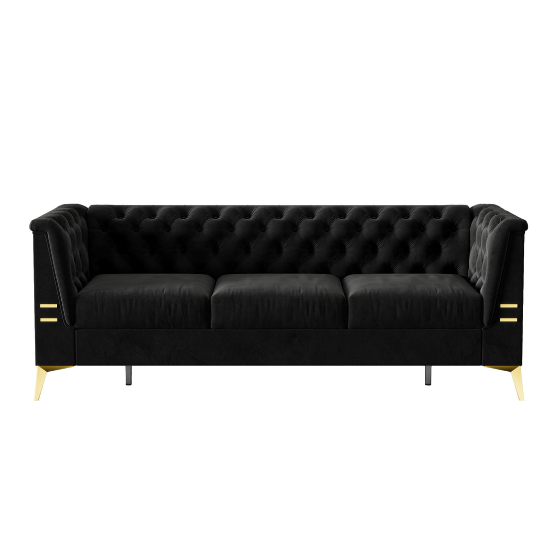 Fx P83 Bk2 Sofa Luxurious Black Velvet Sofa With Gold Legs Modern Chesterfield Design, Tufted Upholstery, 3 Seat Couch For Living Room And Office Black Velvet 3 Seat