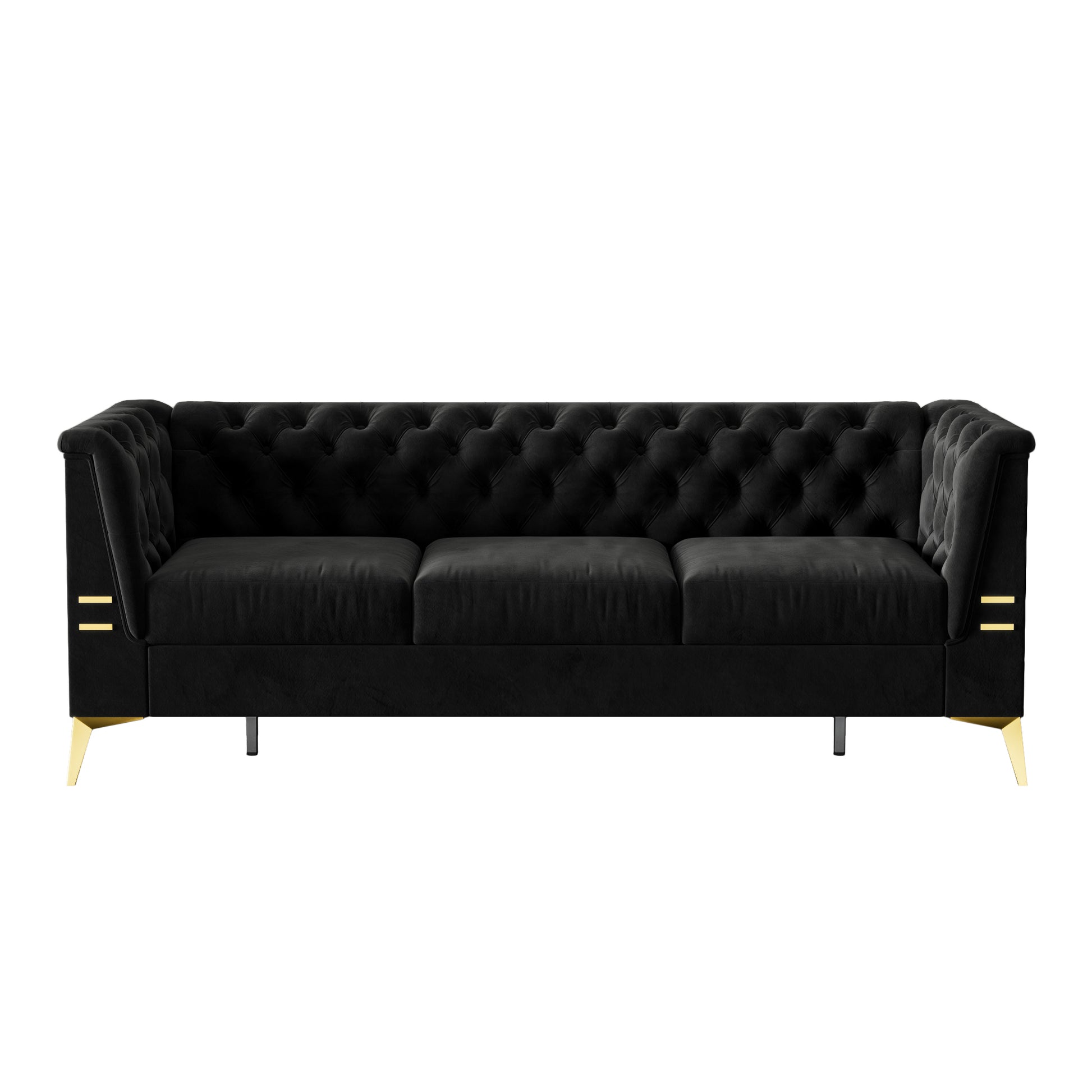 Fx P83 Bk2 Sofa Luxurious Black Velvet Sofa With Gold Legs Modern Chesterfield Design, Tufted Upholstery, 3 Seat Couch For Living Room And Office Black Velvet 3 Seat