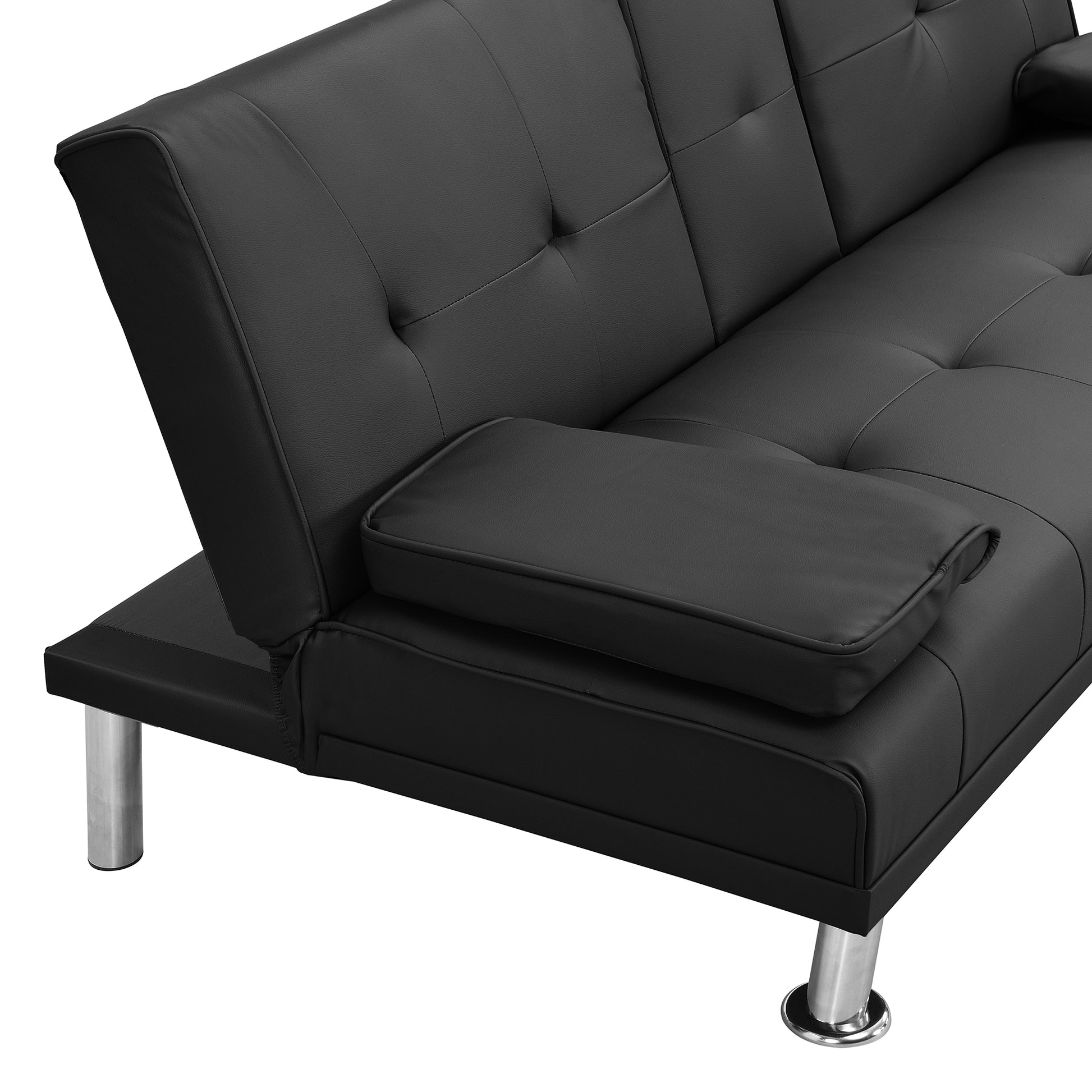 Sofa Bed With Armrest Two Holders Wood Frame, Stainless Leg, Futon Black Pvc Black Wood