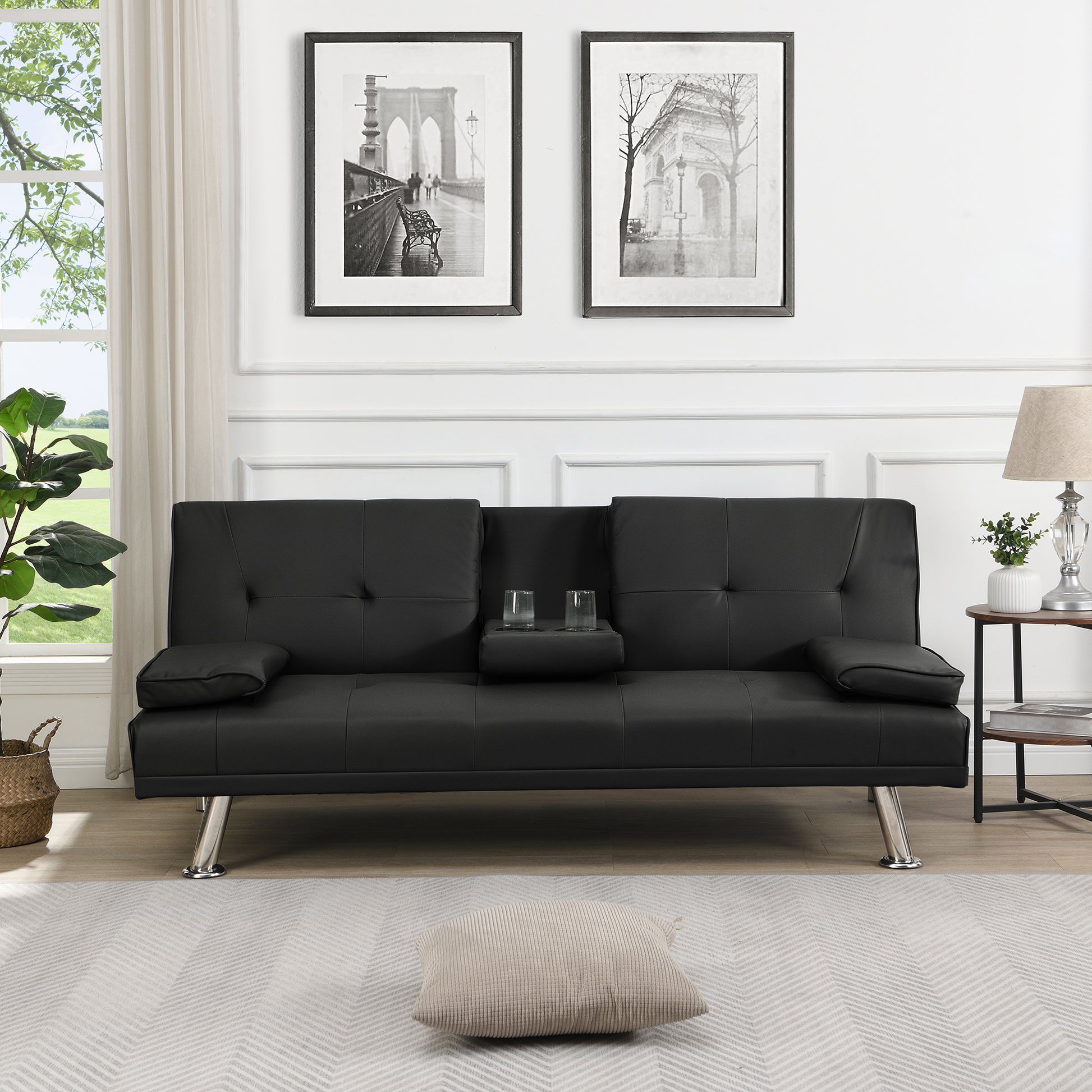 Sofa Bed With Armrest Two Holders Wood Frame, Stainless Leg, Futon Black Pvc Black Wood