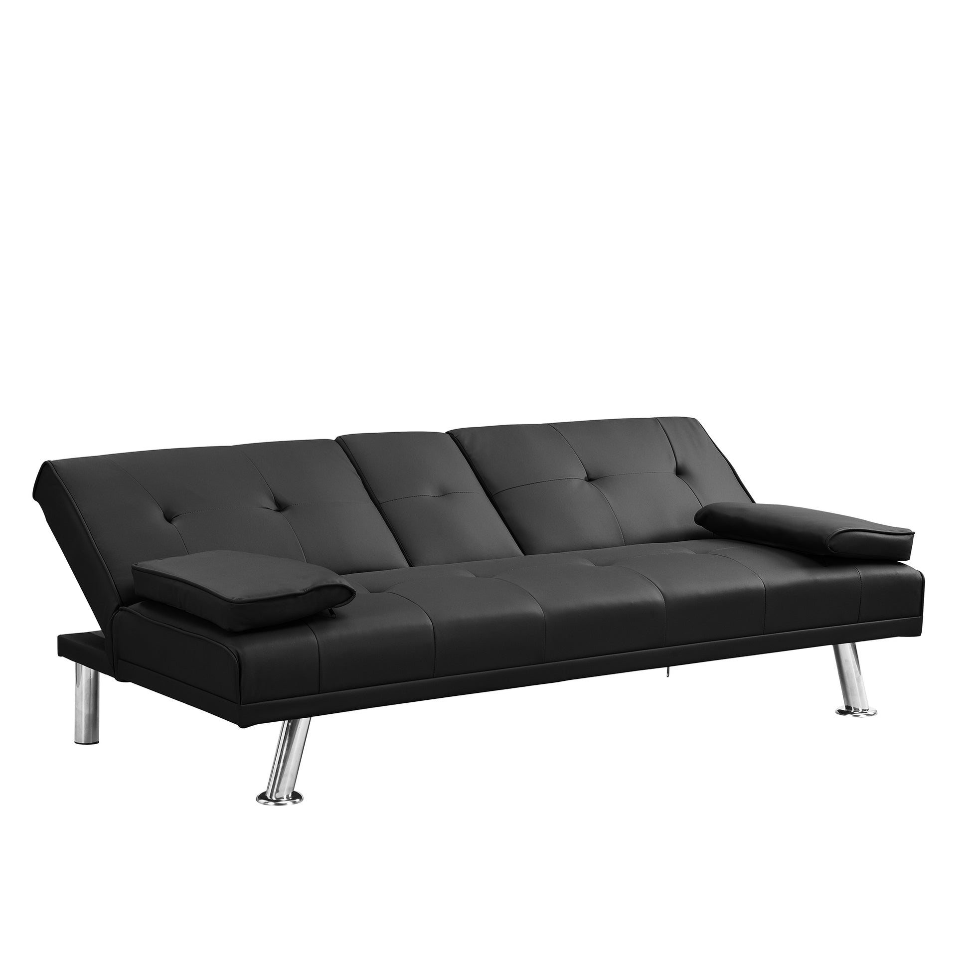Sofa Bed With Armrest Two Holders Wood Frame, Stainless Leg, Futon Black Pvc Black Wood
