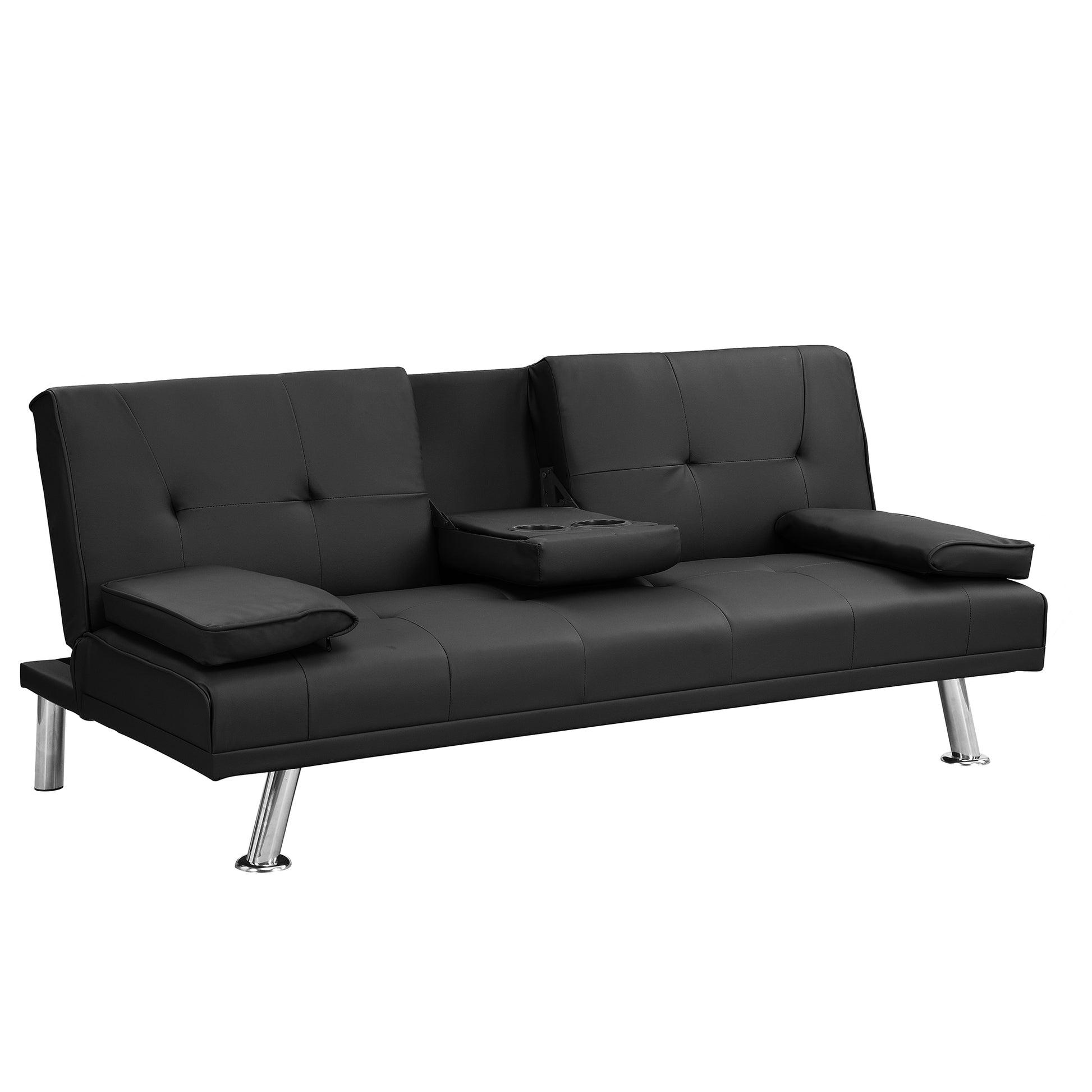 Sofa Bed With Armrest Two Holders Wood Frame, Stainless Leg, Futon Black Pvc Black Wood