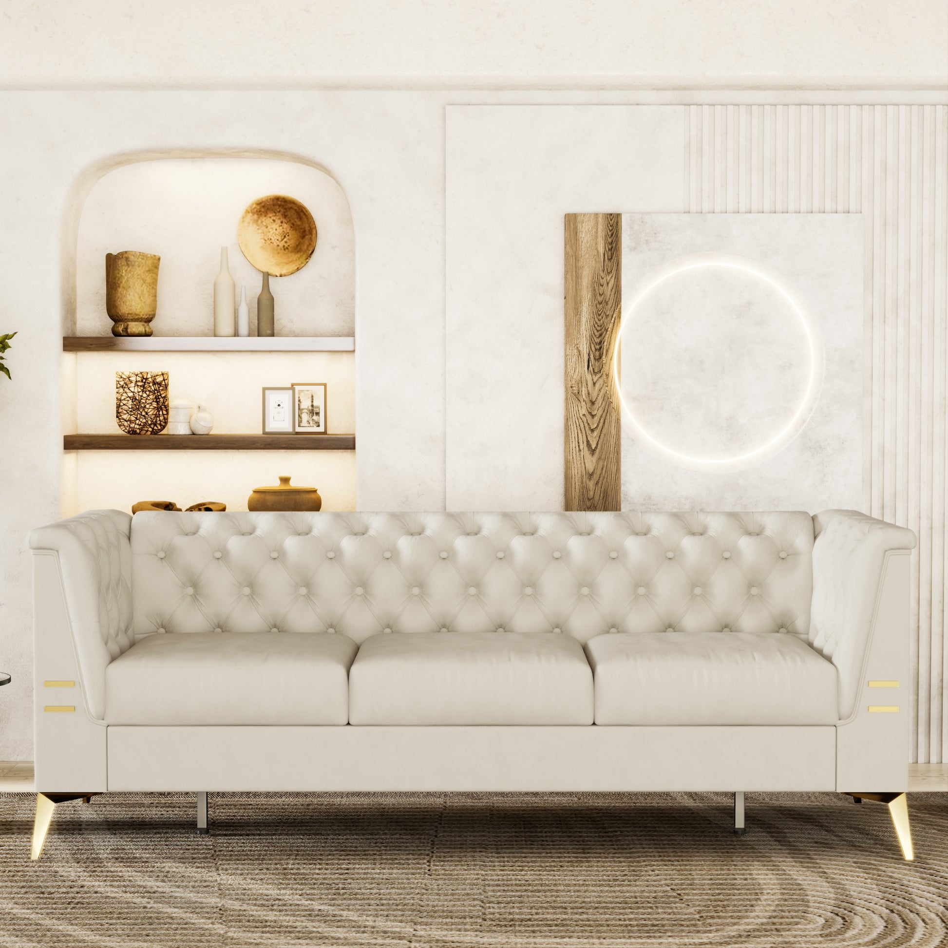 Fx P83 Cw Sofa Modern Velvet Living Room Chesterfield Design 82.7Inch Wide Sofa Cream White Color Beige Velvet 3 Seat