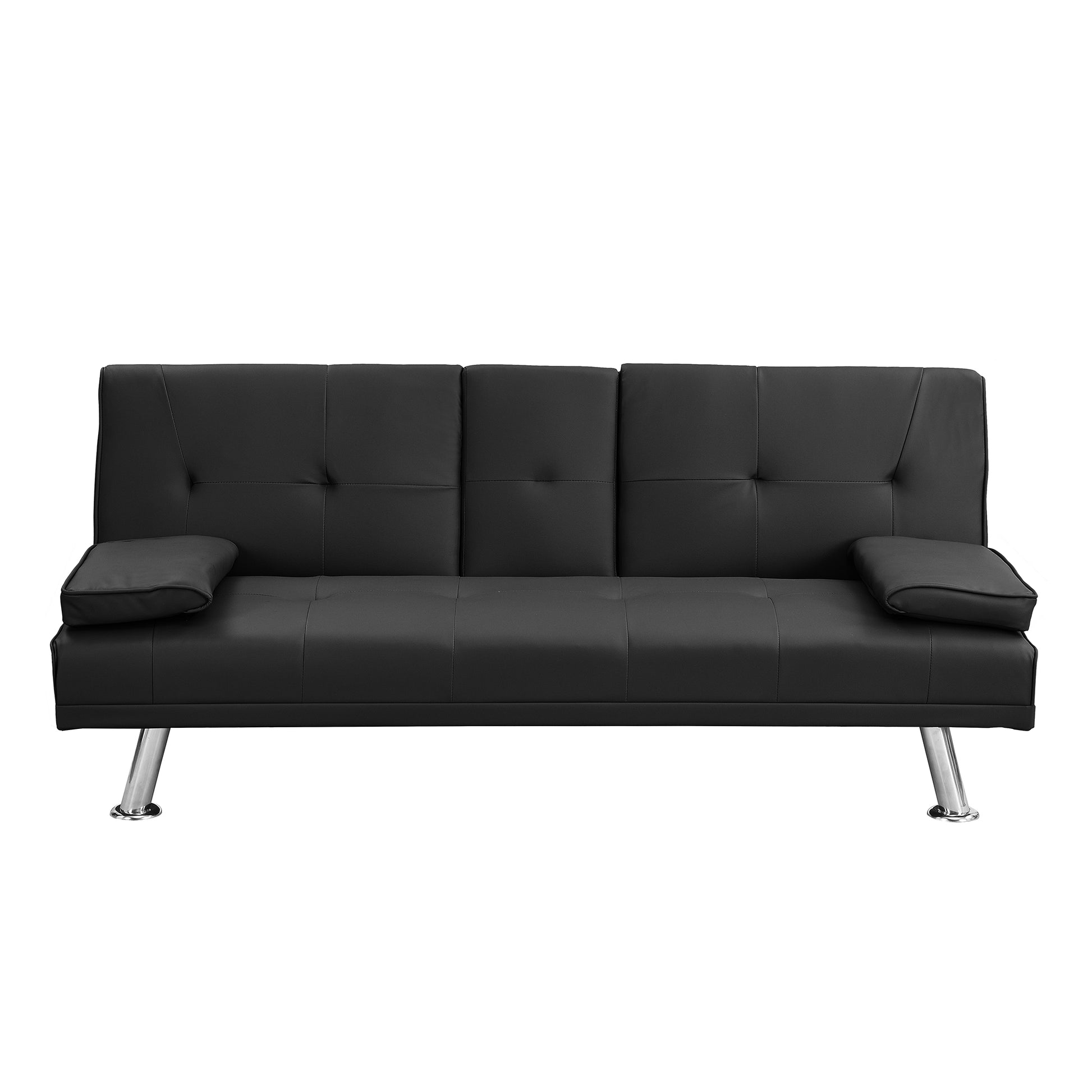 Sofa Bed With Armrest Two Holders Wood Frame, Stainless Leg, Futon Black Pvc Black Wood