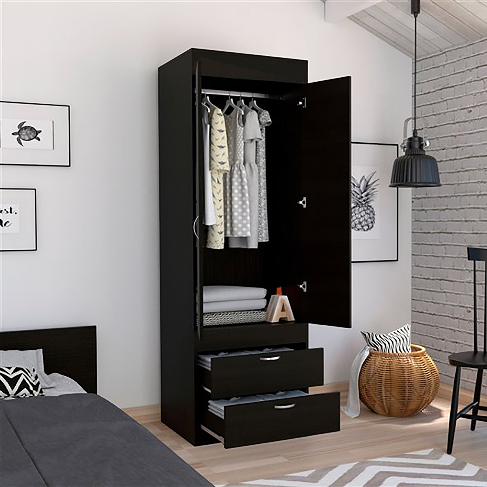 Black Wengue 2 Drawer Armoire Black Bedroom Particle Board