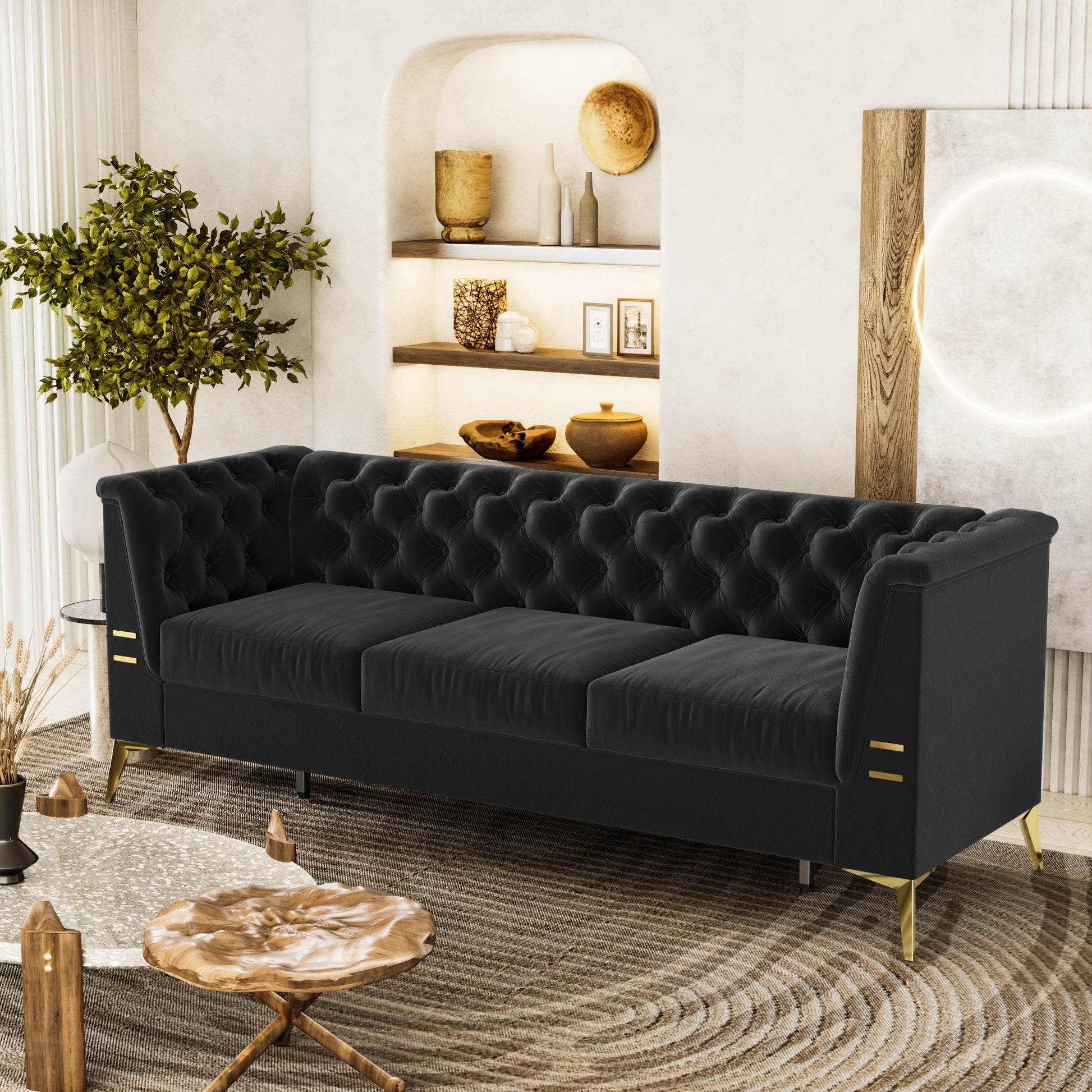 Fx P83 Bk2 Sofa Luxurious Black Velvet Sofa With Gold Legs Modern Chesterfield Design, Tufted Upholstery, 3 Seat Couch For Living Room And Office Black Velvet 3 Seat