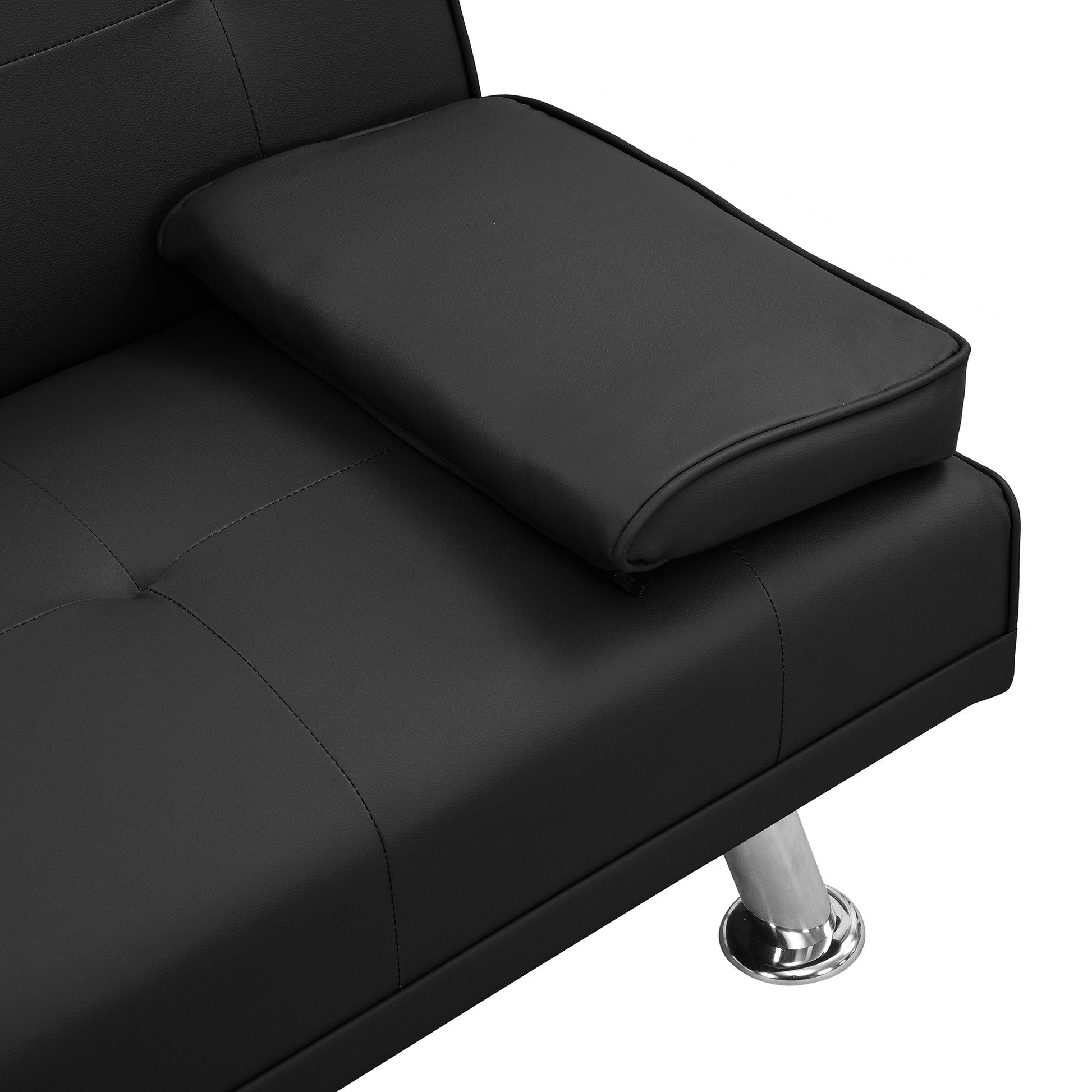 Sofa Bed With Armrest Two Holders Wood Frame, Stainless Leg, Futon Black Pvc Black Wood
