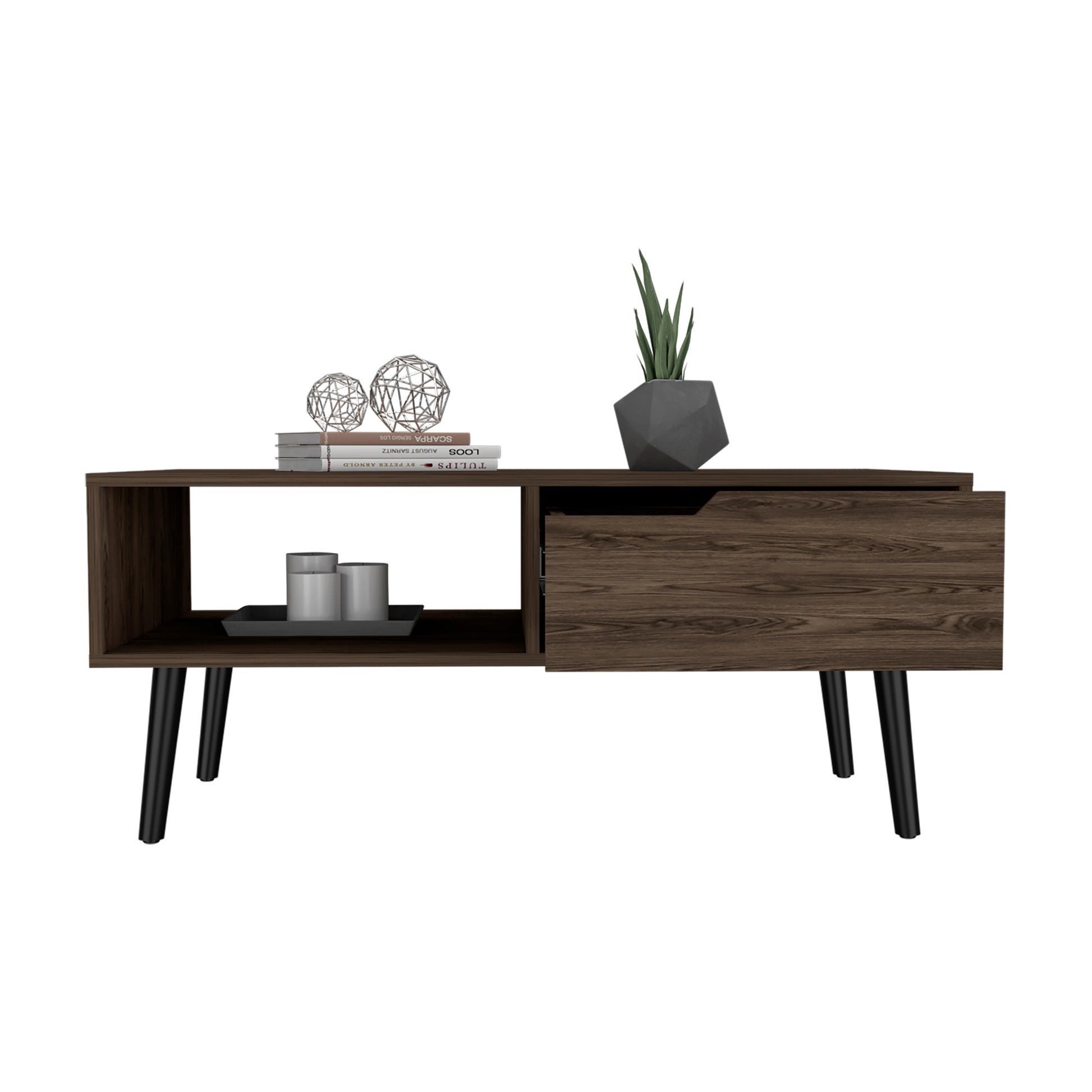 Coffee Table Bull, One Drawer, One Open Shelf, Four Legs, Dark Walnut Finish Walnut Particle Board
