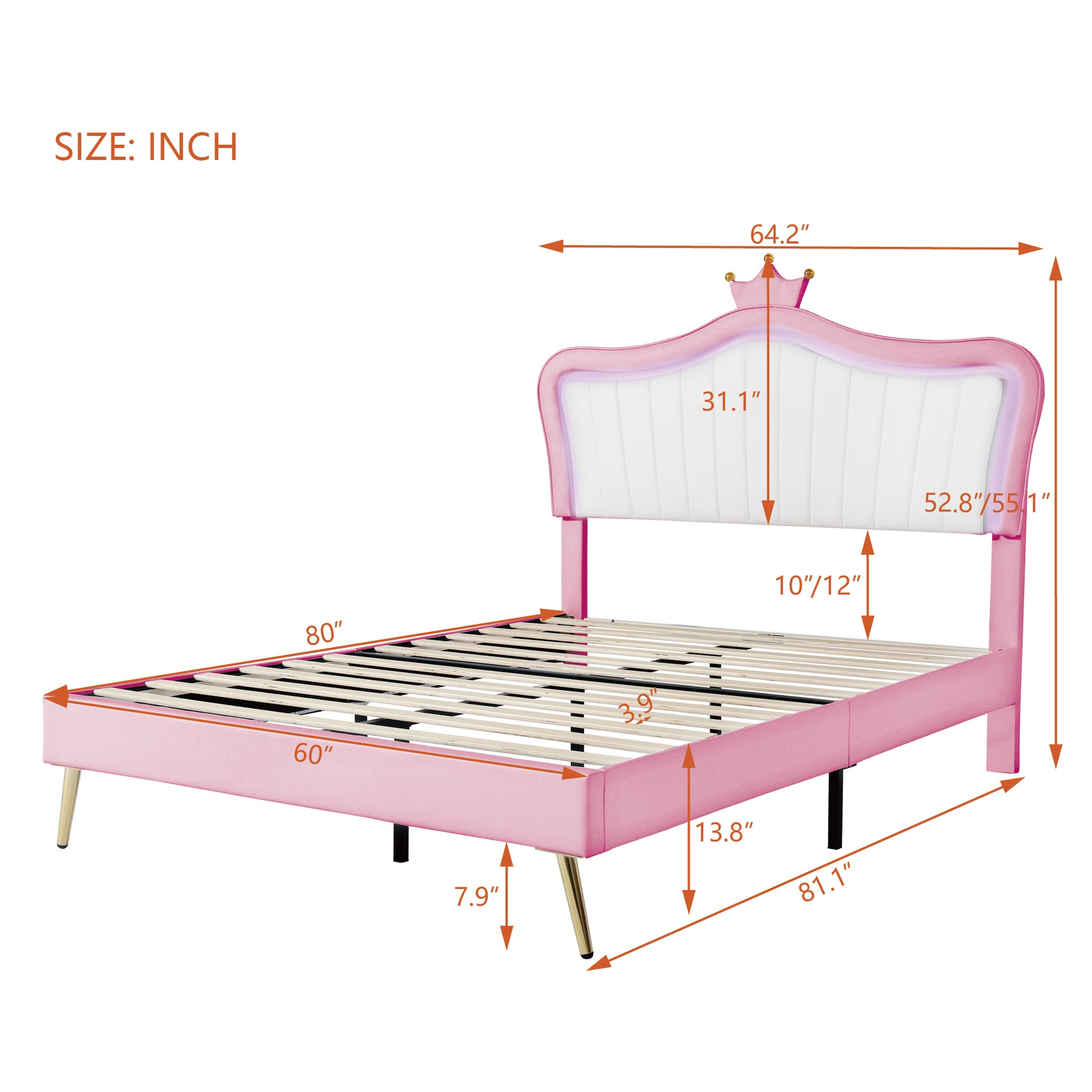 Queen Size Upholstered Bed Frame With Led Lights,Modern Upholstered Princess Bed With Crown Headboard,White Pink Queen White Pink Pu
