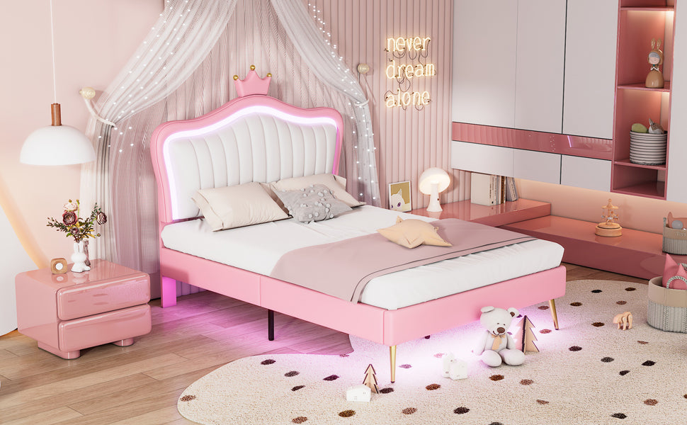 Queen Size Upholstered Bed Frame With Led Lights,Modern Upholstered Princess Bed With Crown Headboard,White Pink Queen White Pink Pu