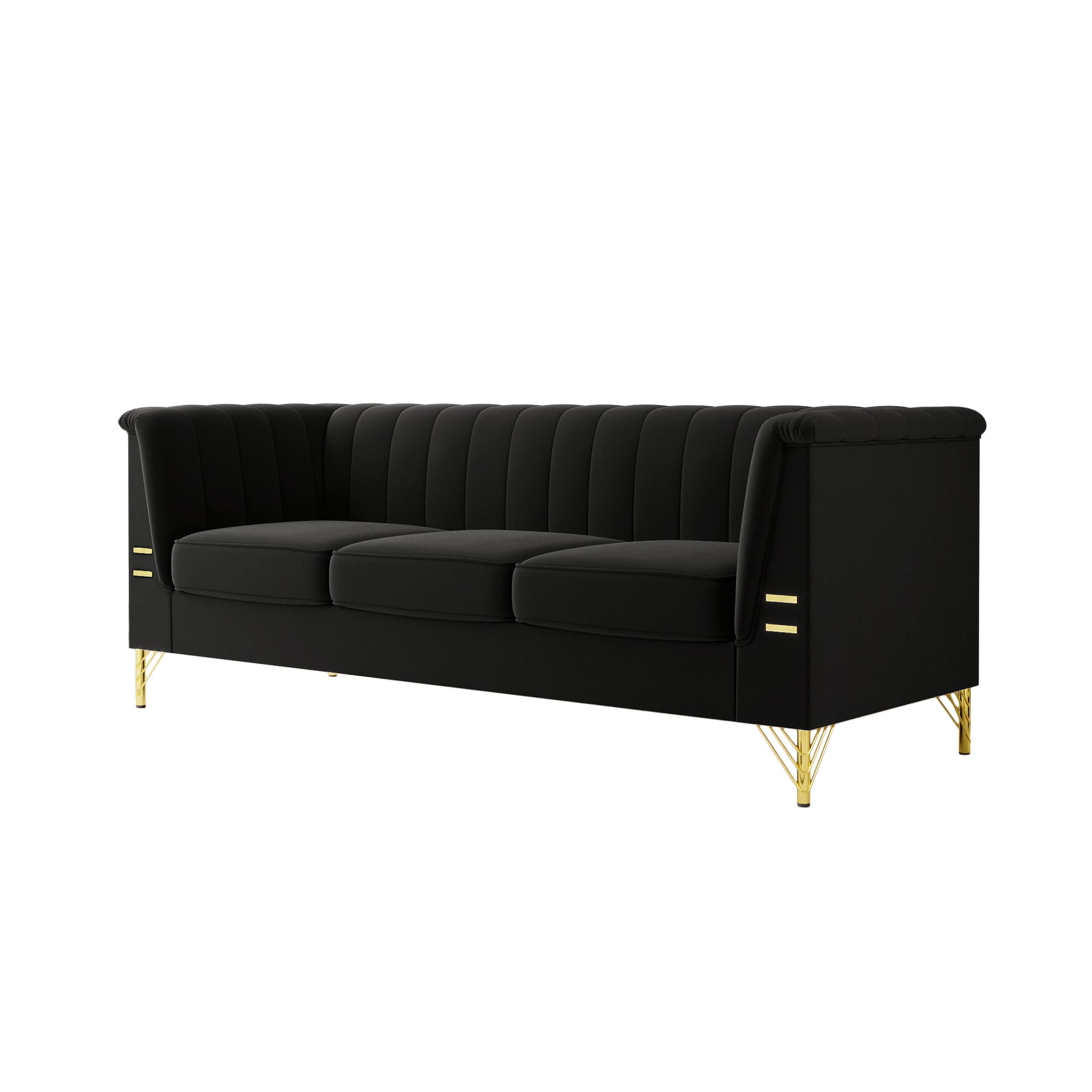 Fx P82 Bk Sofa Modern Sofa Couches For Living Room, 82.67Inches Velvet Velvet Tight Back Chesterfield Design Couch Upholstered Sofa With Metal Legs Decor Furniture For Bedroom Black Velvet 3 Seat