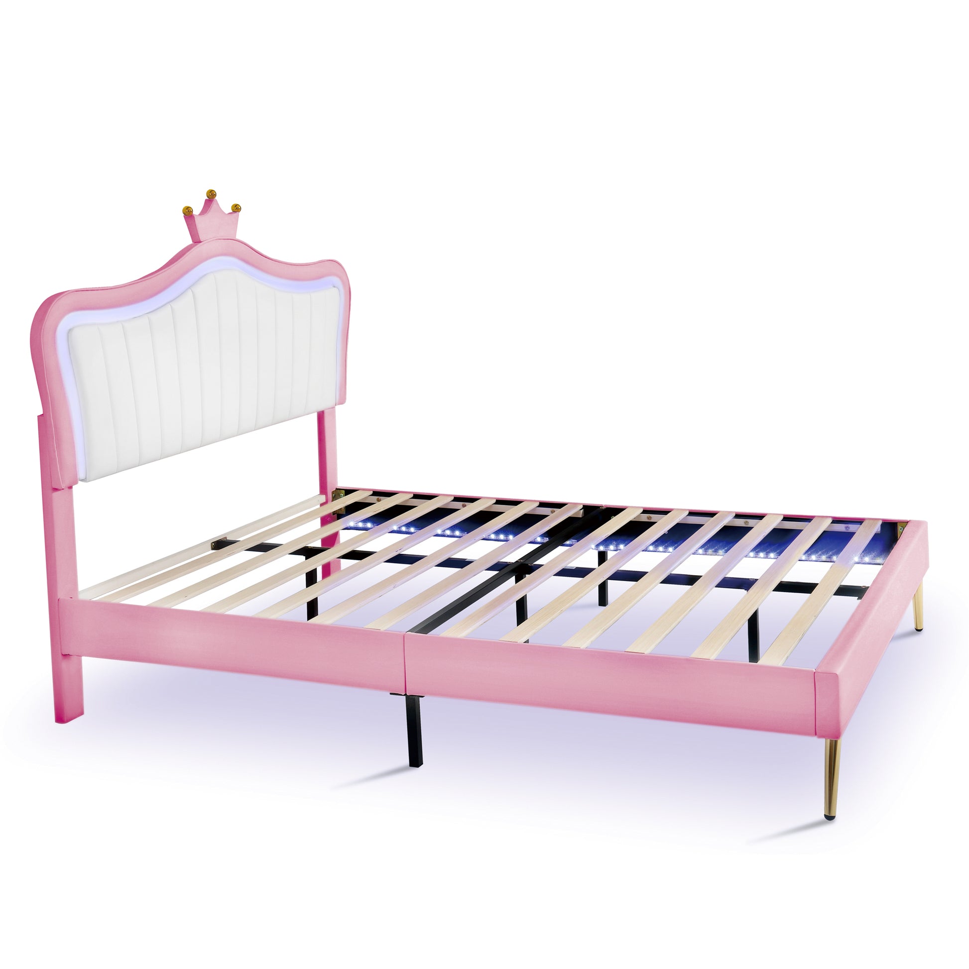 Queen Size Upholstered Bed Frame With Led Lights,Modern Upholstered Princess Bed With Crown Headboard,White Pink Queen White Pink Pu