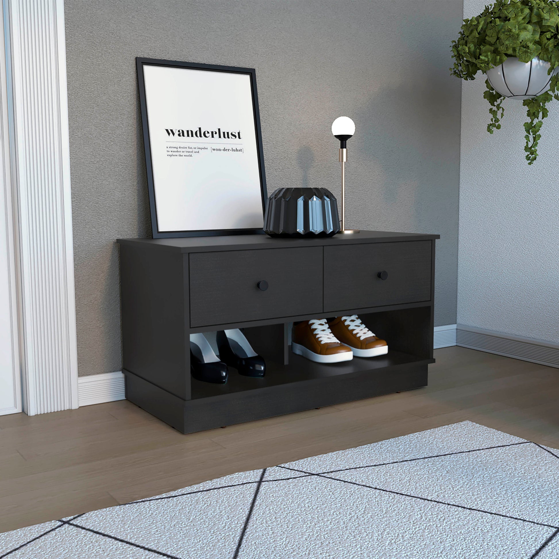 Storage Bench Beji, Lower Shelf, Two Drawers, Black Wengue Finish Black Particle Board