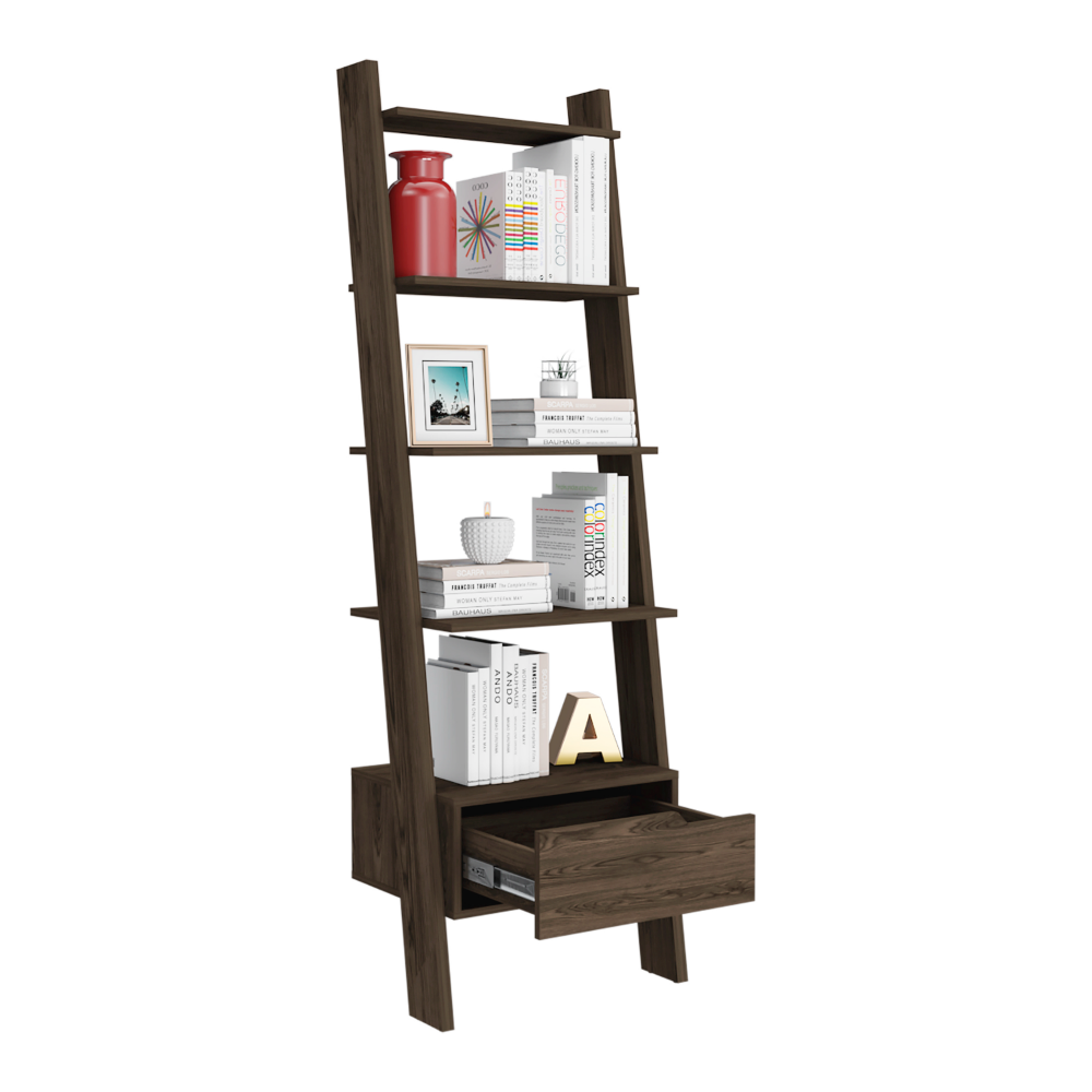 Ladder Bookcase Bull, One Drawer, Five Open Shelves, Dark Walnut Finish Walnut Particle Board