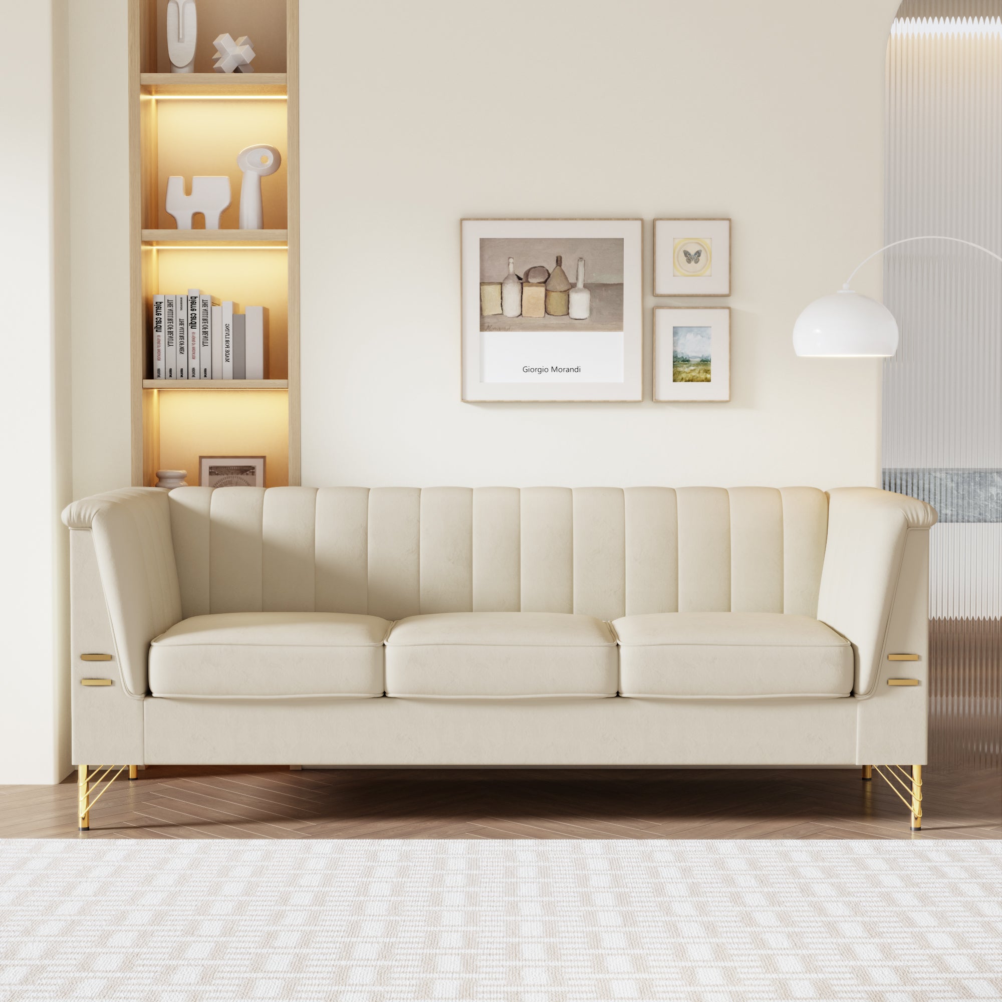 Fx P82 Be Sofa Modern Chenille Sofa, 82.67" Upholstered Couch With Bolster Armrest, 3 Seat Sofa For Living Room, Bedroom, Office, Apartment, Dorm, Beige Beige Velvet 3 Seat
