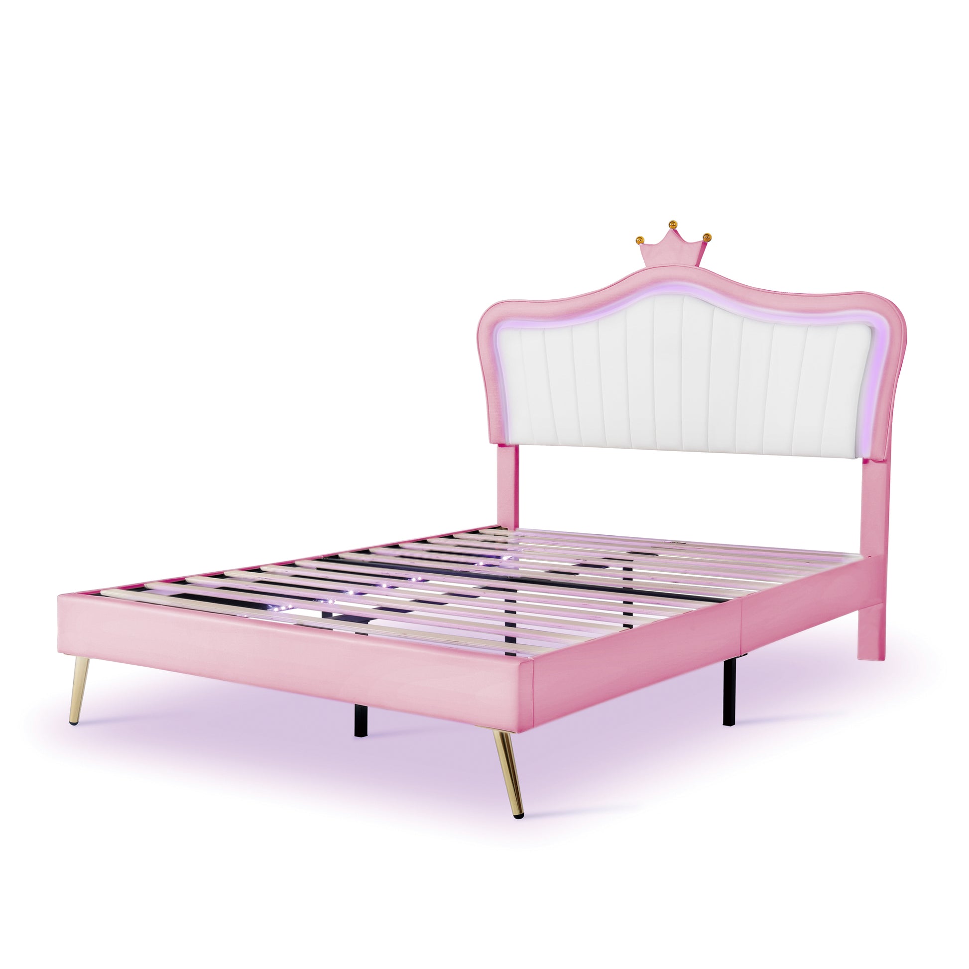Queen Size Upholstered Bed Frame With Led Lights,Modern Upholstered Princess Bed With Crown Headboard,White Pink Queen White Pink Pu