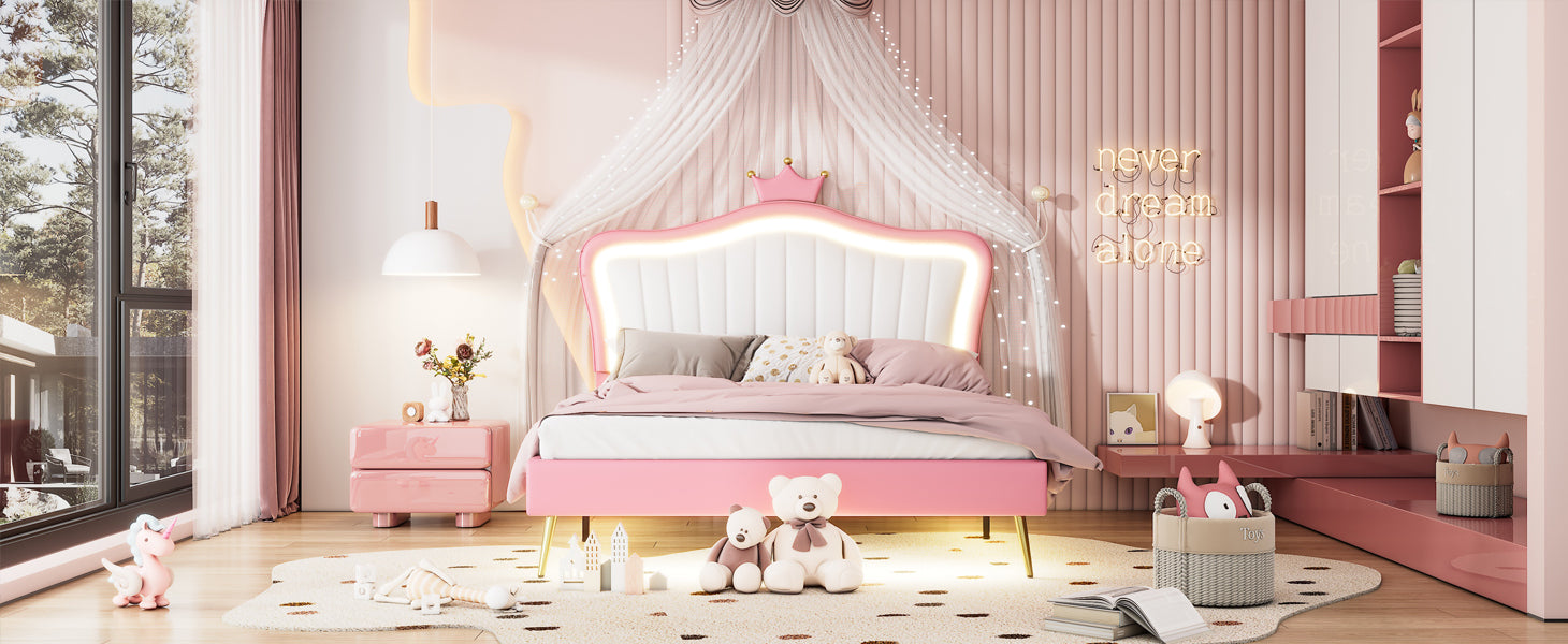 Queen Size Upholstered Bed Frame With Led Lights,Modern Upholstered Princess Bed With Crown Headboard,White Pink Queen White Pink Pu