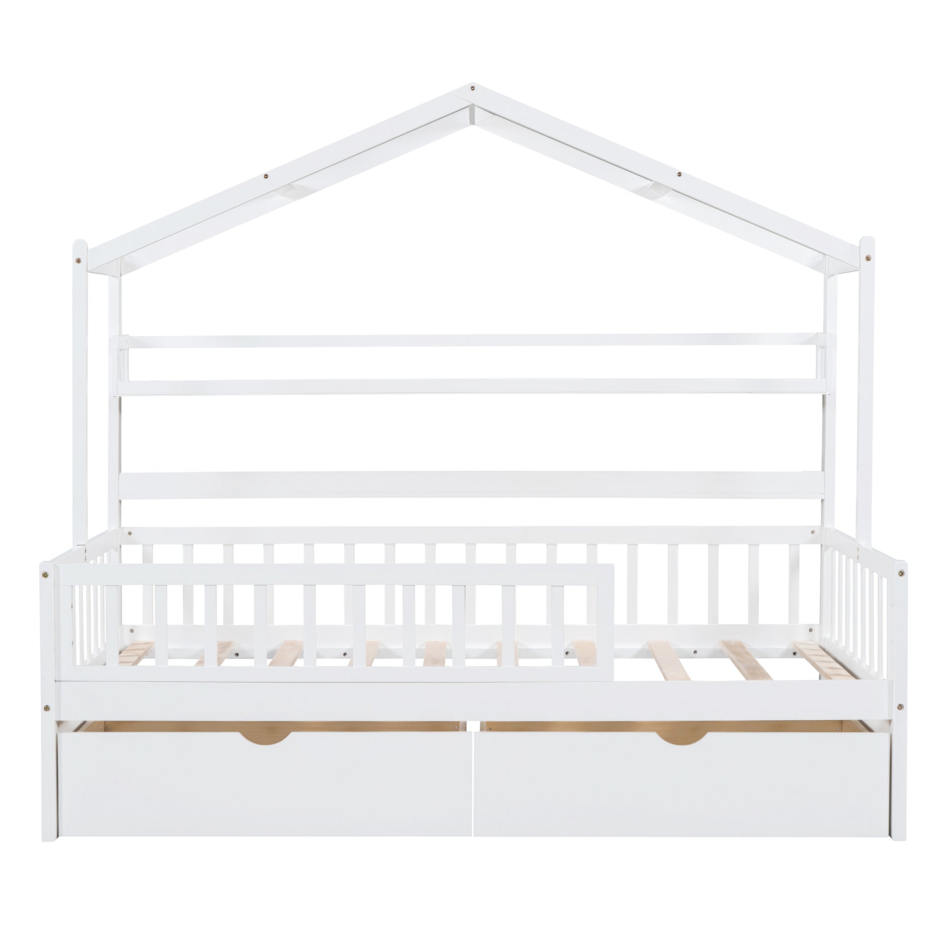 Wooden Twin Size House Bed With 2 Drawers,Kids Bed With Storage Shelf, White White Wood