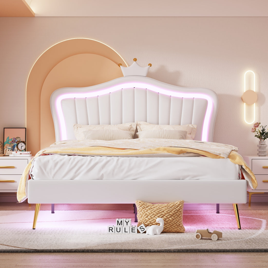 Queen Size Upholstered Bed Frame With Led Lights,Modern Upholstered Princess Bed With Crown Headboard,White White Pu