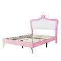 Queen Size Upholstered Bed Frame With Led Lights,Modern Upholstered Princess Bed With Crown Headboard,White Pink Queen White Pink Pu