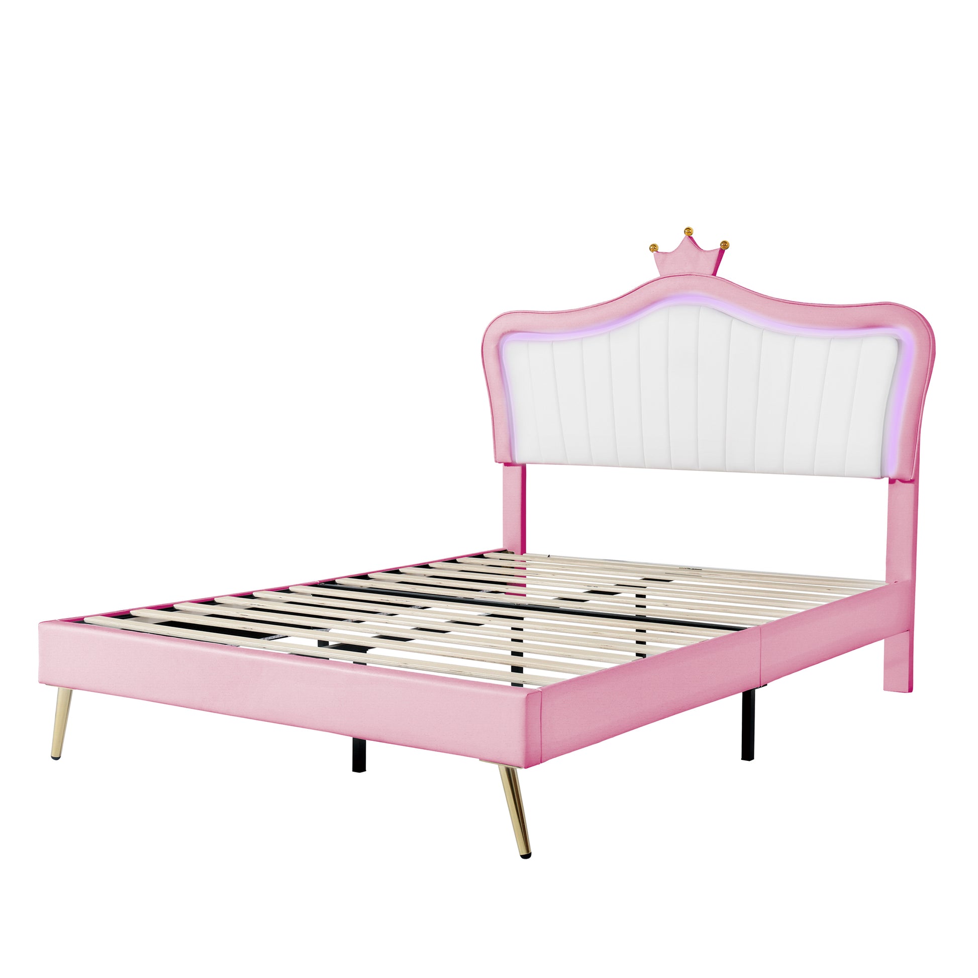 Queen Size Upholstered Bed Frame With Led Lights,Modern Upholstered Princess Bed With Crown Headboard,White Pink Queen White Pink Pu