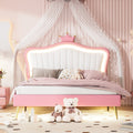 Queen Size Upholstered Bed Frame With Led Lights,Modern Upholstered Princess Bed With Crown Headboard,White Pink Queen White Pink Pu