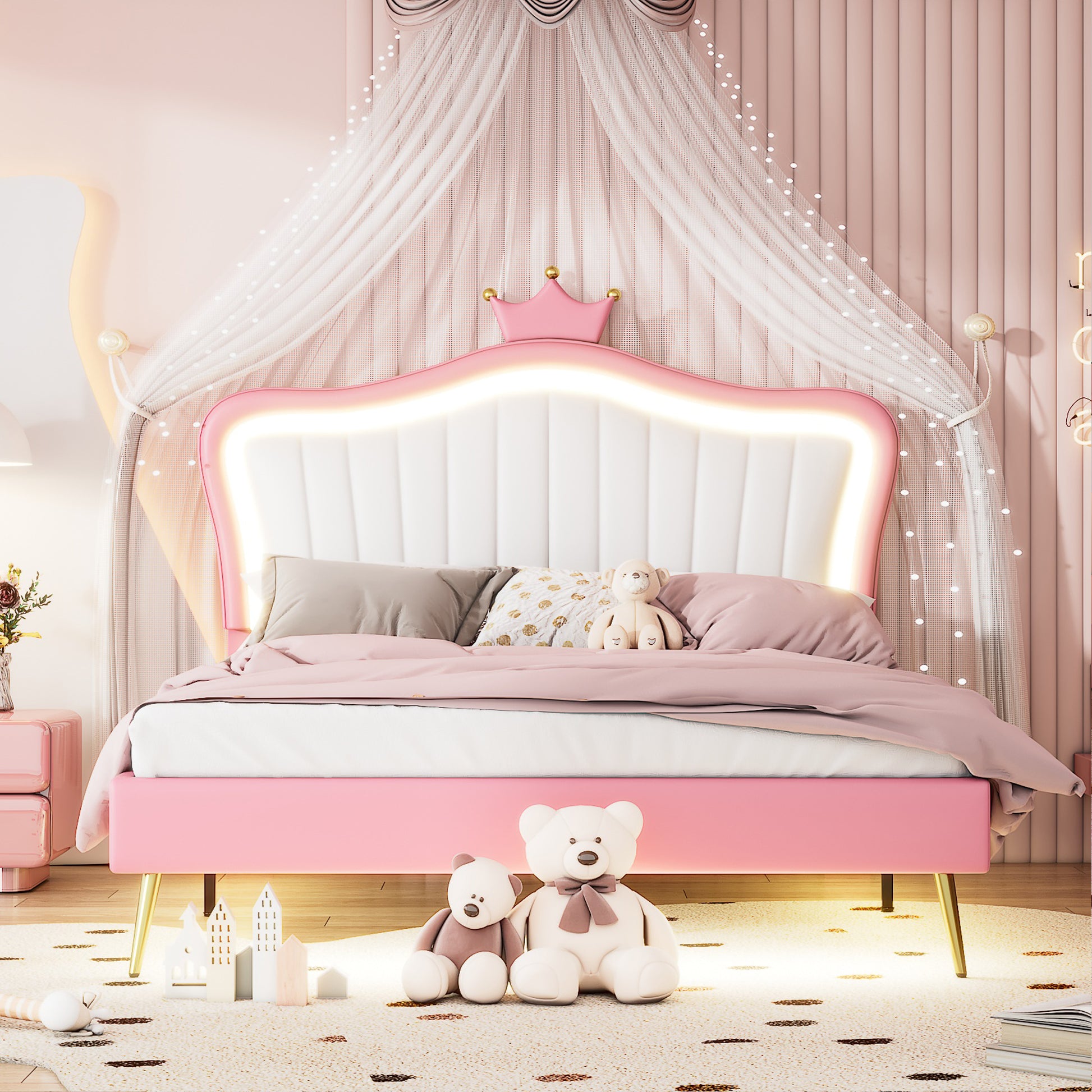 Queen Size Upholstered Bed Frame With Led Lights,Modern Upholstered Princess Bed With Crown Headboard,White Pink Queen White Pink Pu