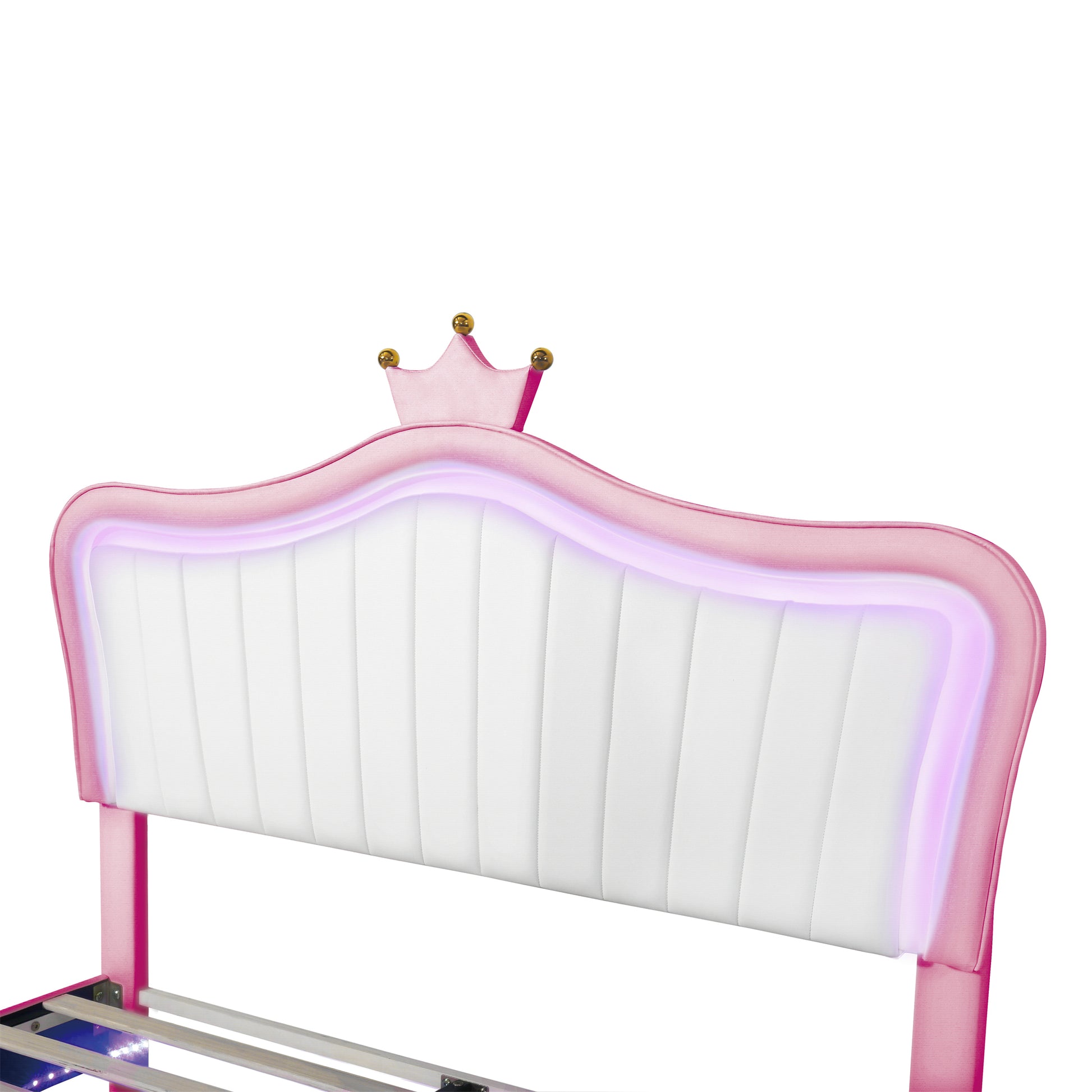 Queen Size Upholstered Bed Frame With Led Lights,Modern Upholstered Princess Bed With Crown Headboard,White Pink Queen White Pink Pu