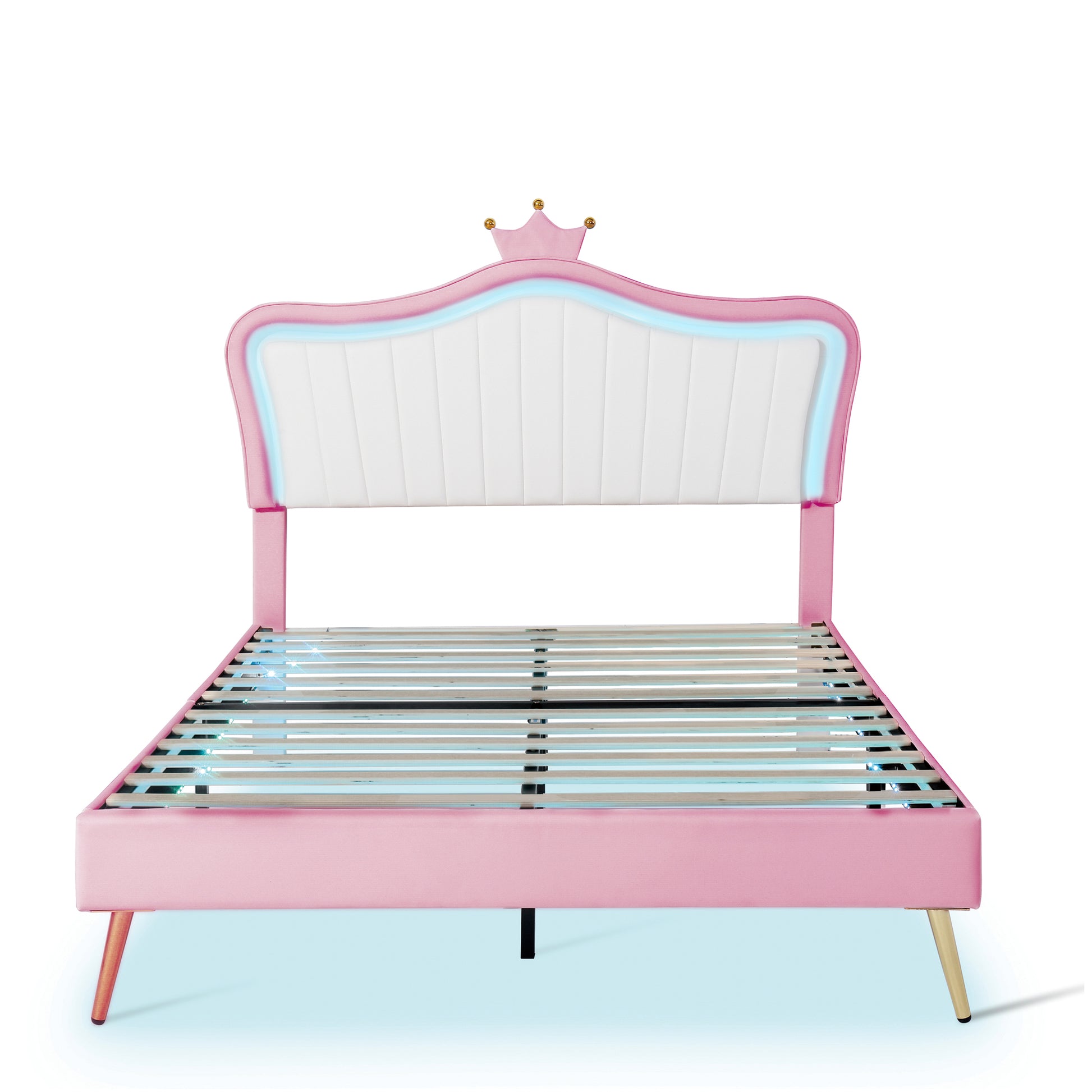 Queen Size Upholstered Bed Frame With Led Lights,Modern Upholstered Princess Bed With Crown Headboard,White Pink Queen White Pink Pu
