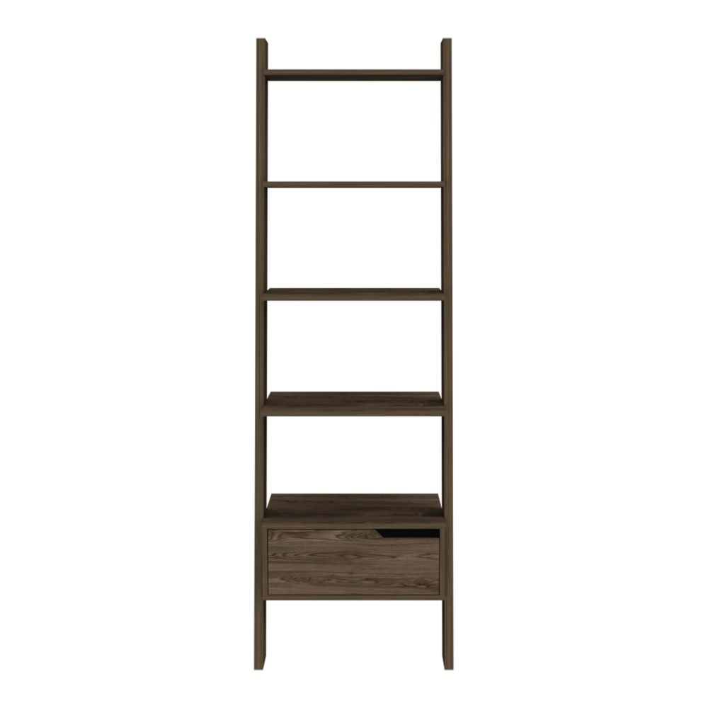 Ladder Bookcase Bull, One Drawer, Five Open Shelves, Dark Walnut Finish Walnut Particle Board