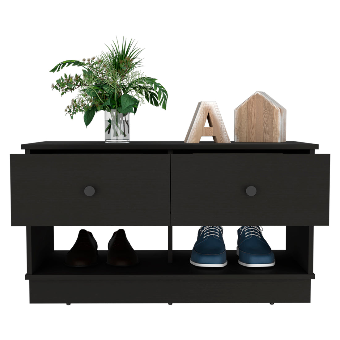 Storage Bench Beji, Lower Shelf, Two Drawers, Black Wengue Finish Black Particle Board