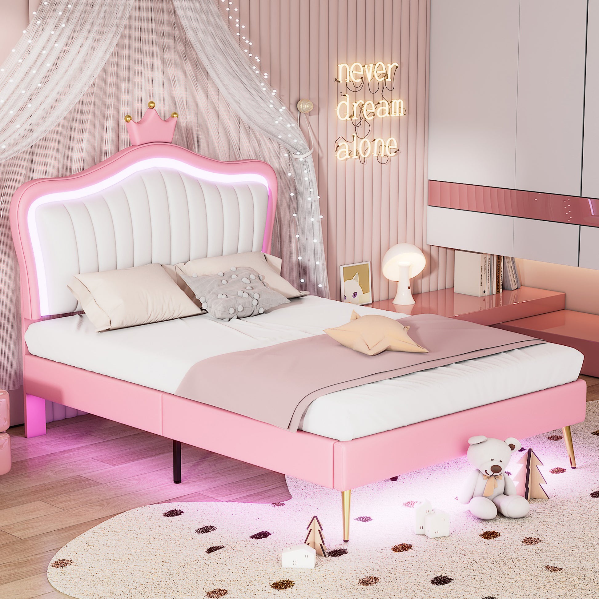 Full Size Upholstered Bed Frame With Led Lights,Modern Upholstered Princess Bed With Crown Headboard,White Pink Full White Pink Pu