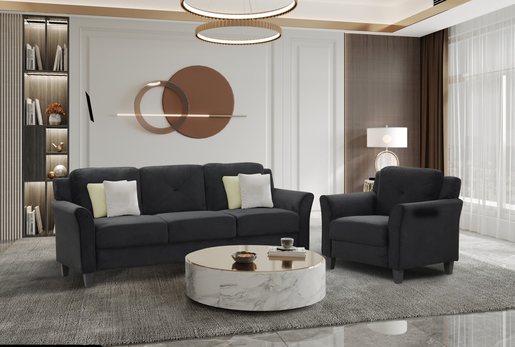 Fashion Living Room Three Piece Sofa Set, Living Room Set Antique Black Polyester