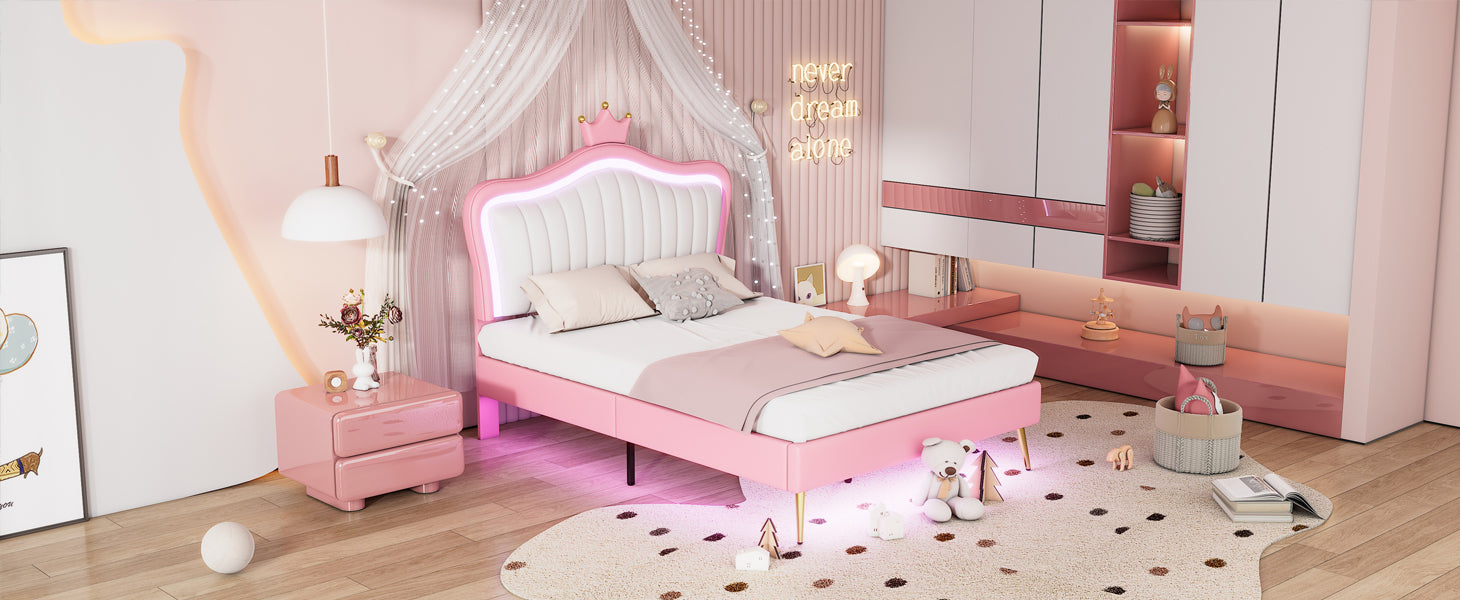 Queen Size Upholstered Bed Frame With Led Lights,Modern Upholstered Princess Bed With Crown Headboard,White Pink Queen White Pink Pu