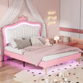 Queen Size Upholstered Bed Frame With Led Lights,Modern Upholstered Princess Bed With Crown Headboard,White Pink Queen White Pink Pu