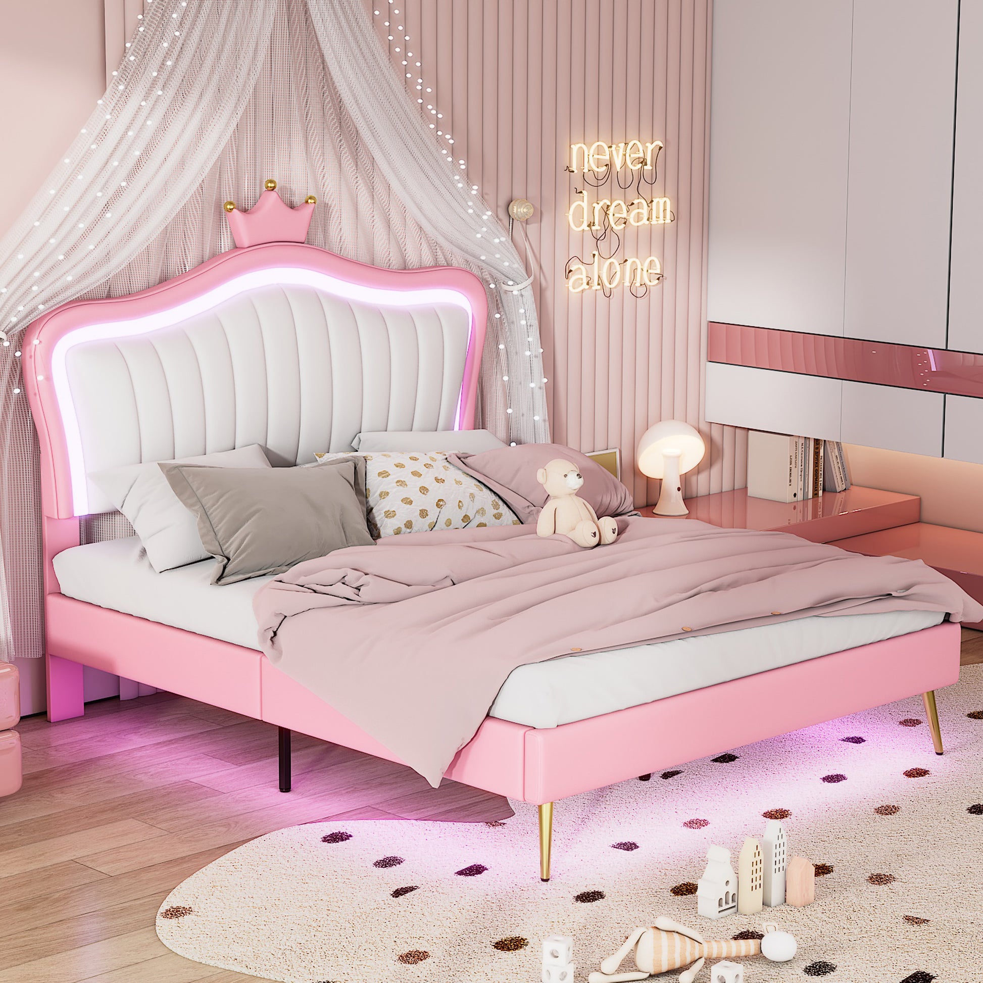 Queen Size Upholstered Bed Frame With Led Lights,Modern Upholstered Princess Bed With Crown Headboard,White Pink Queen White Pink Pu