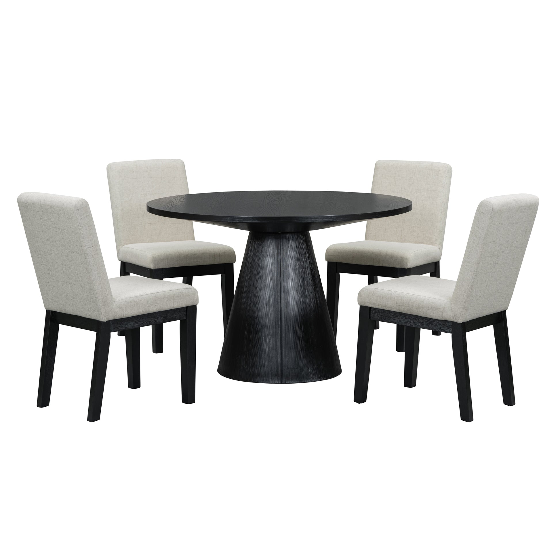 5 Piece Dining Set Retro Round Table With 4 Upholstered Chairs For Living Room, Dining Room Black Black Rubber Wood